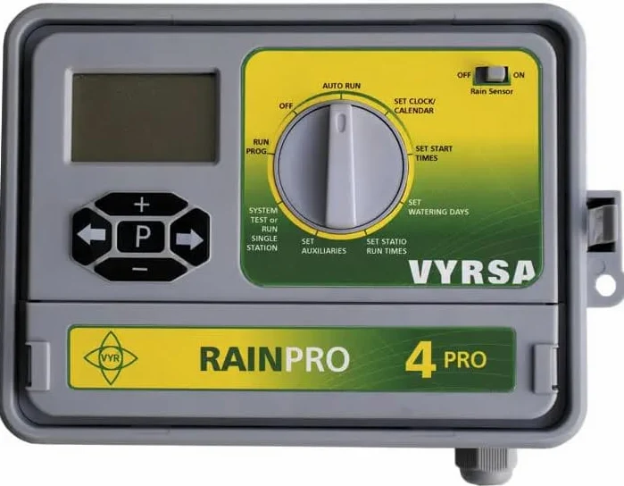 Programador de Riego Eléctrico VYR-6045 RAIN-PRO, 11 Estaciones, 4 Programas, Sensor de Lluvia, IP65 para tractor y maquinaria agricola