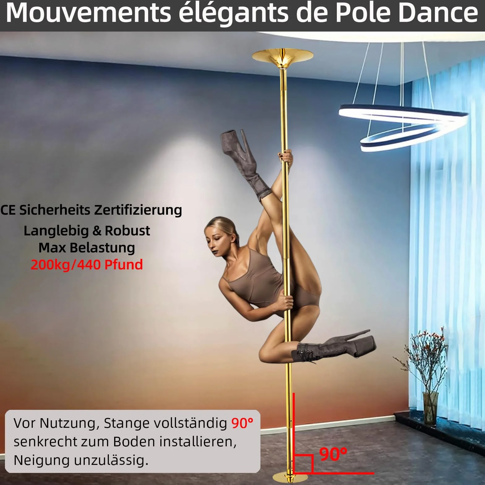 PRIOR FITNESS Barra de baile cromada 45 mm Altura regulable 2,23-2,7 m 2 modos giratorio/estático 200 kg sin taladrar