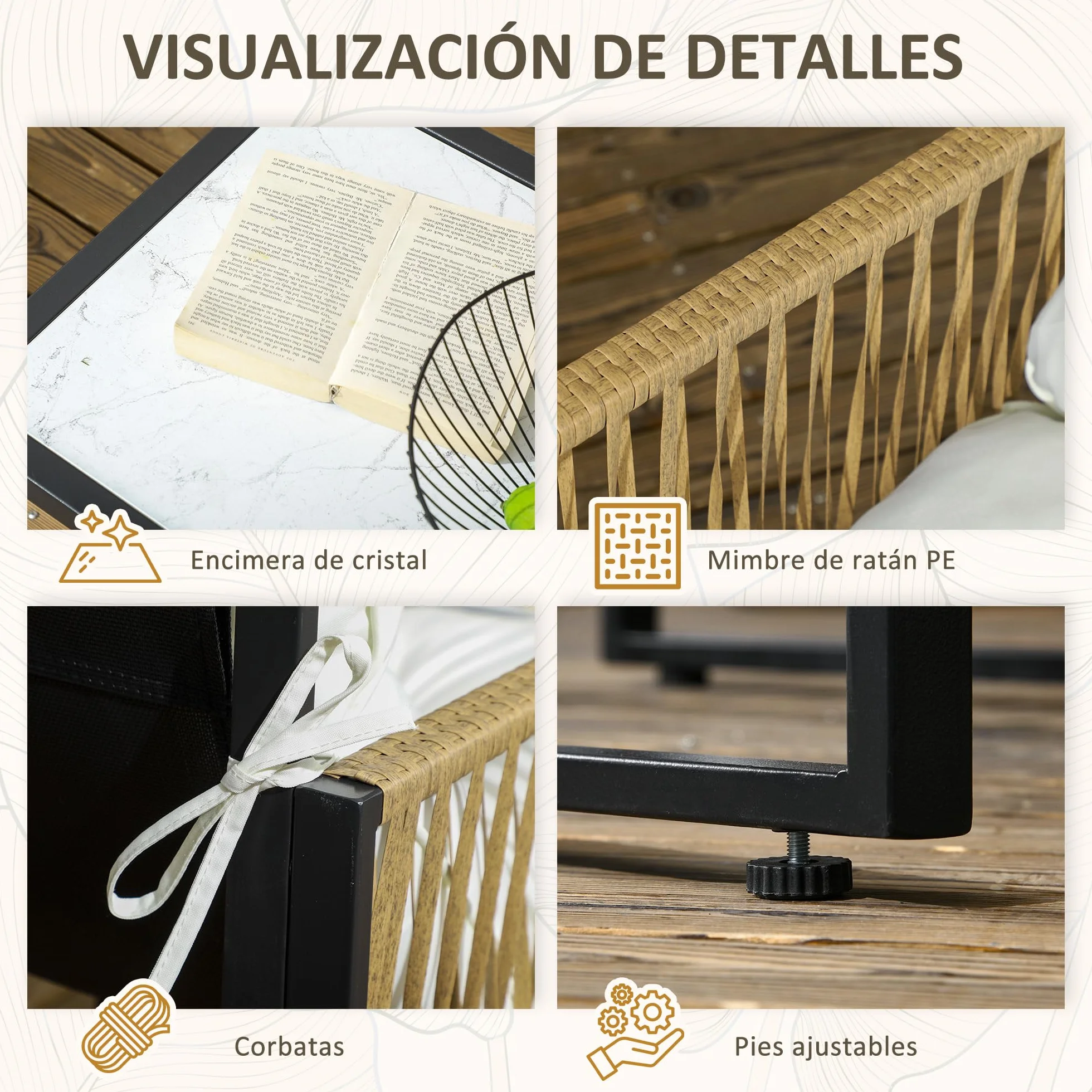 Outsunny Conjunto Jardín Exterior de Ratán, Muebles Jardín Exterior para 4 Piezas, Muebles Terraza con 1 Sofá de 2 Plazas, 2 Sillones, Cojines y 1 Mesa de Tablero de Vidrio, para Patio, Crema y Marrón