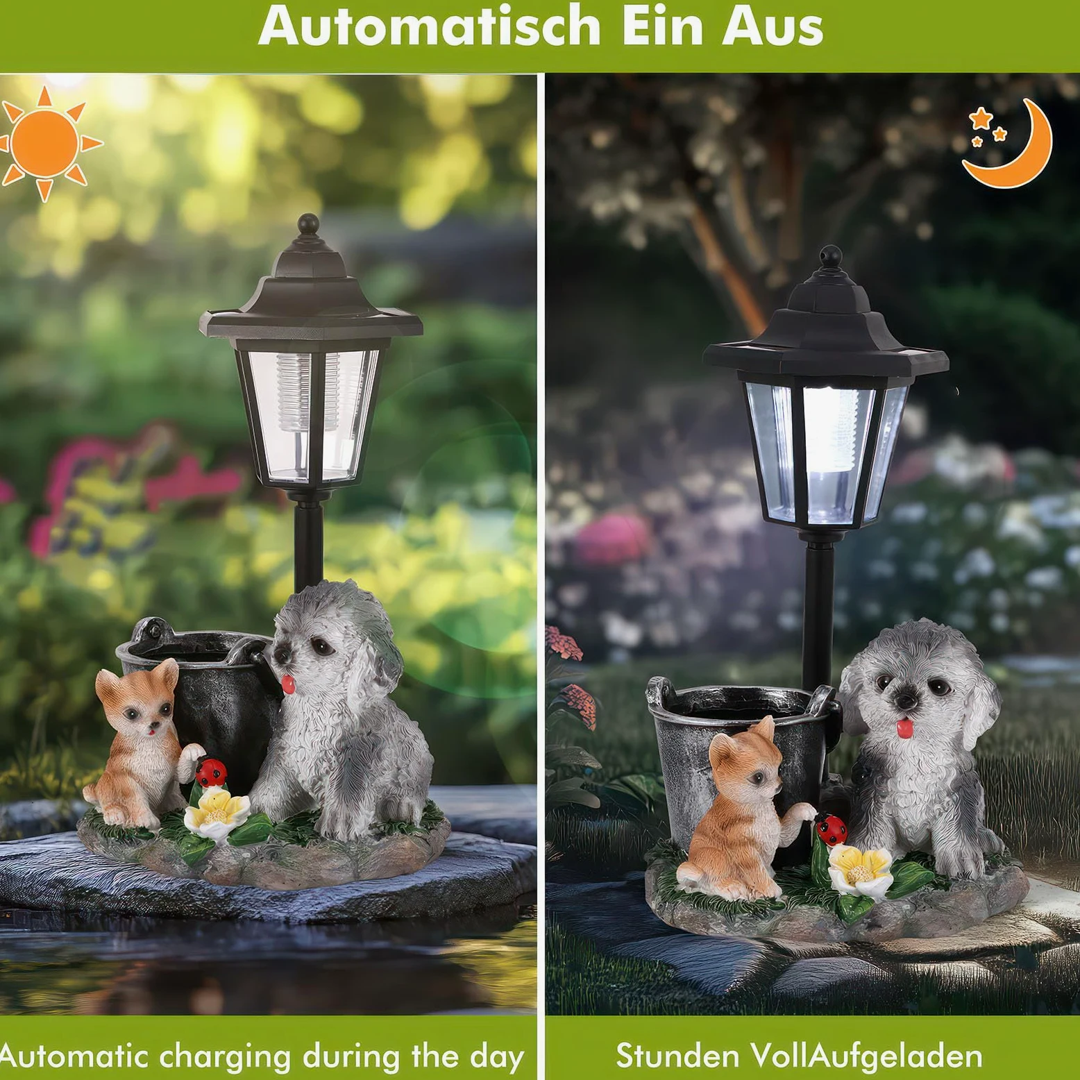 Estatua de jardín para perros con luz solar, decoración exterior, resistente al agua y linda