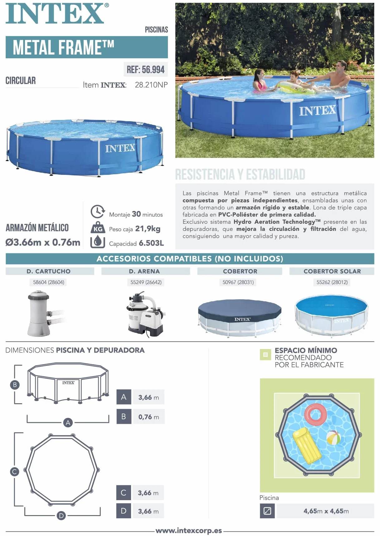 Intex piscina con estructura metalica tubular redonda (ø) 3.66 x (h) 0.76m, Color Azul