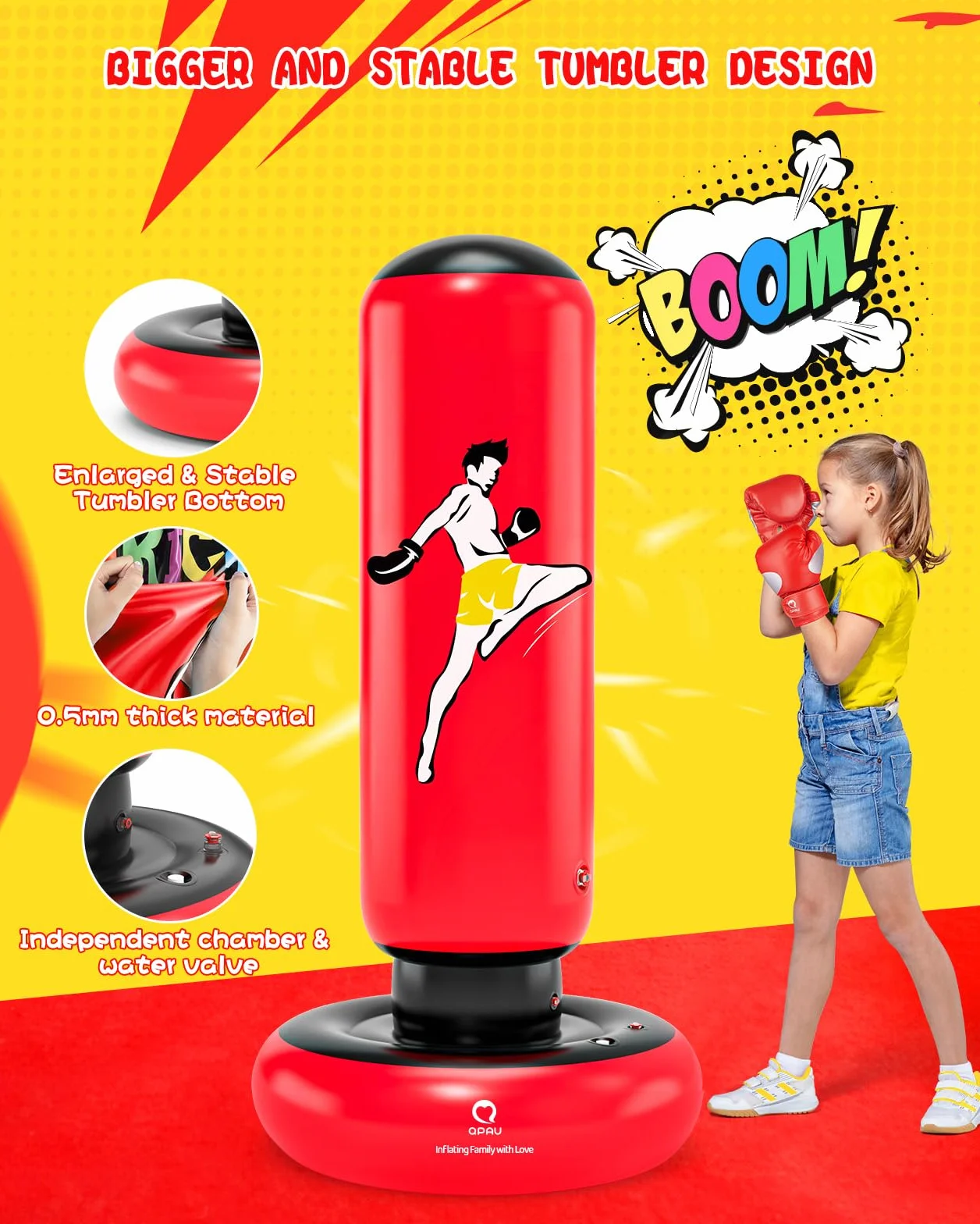 Saco de boxeo para niños con guantes, 66 pulgadas, inflable, rojo