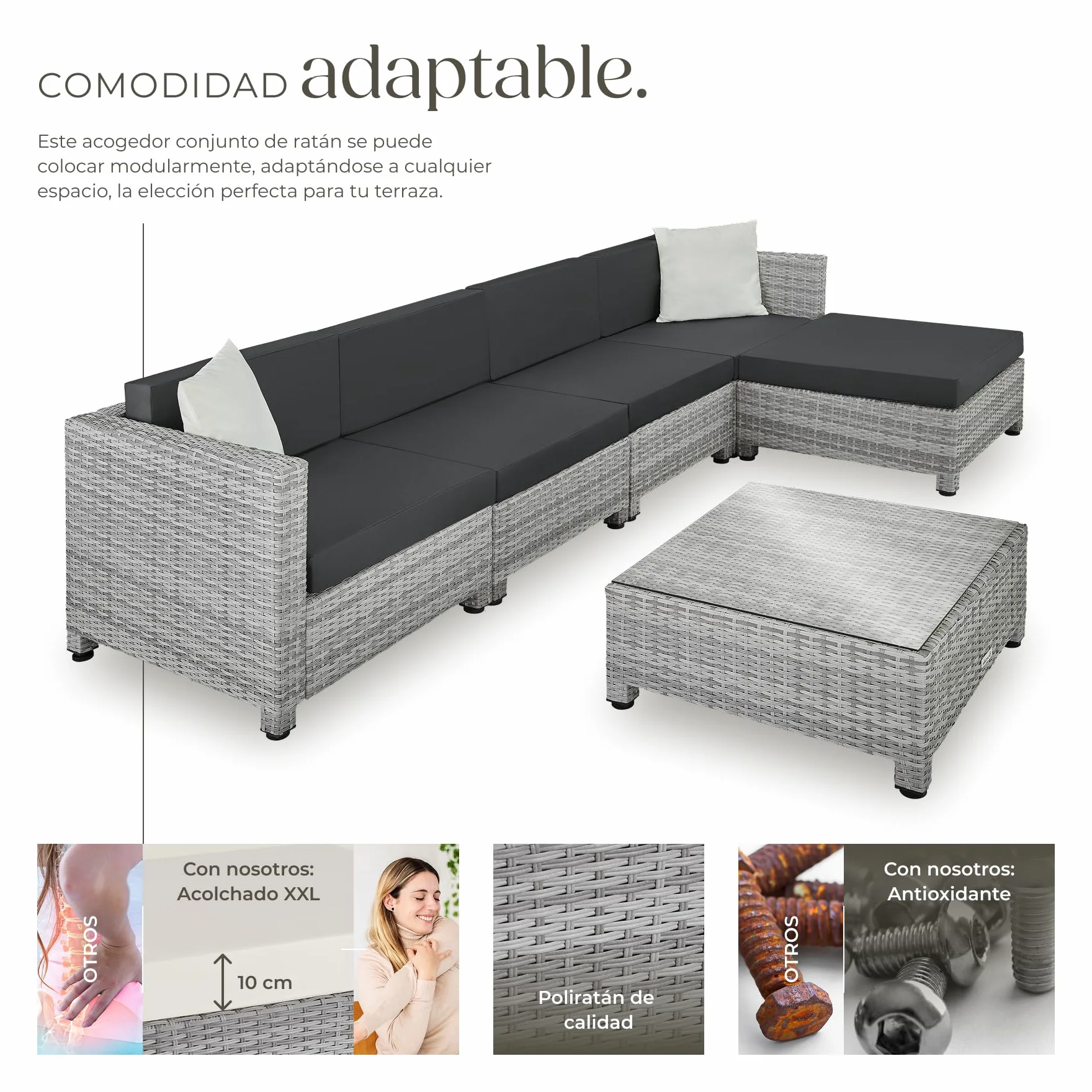 tectake® Conjunto Jardín de Ratán con Cojines y 2 Juegos de Fundas, Conjunto Terraza Resistente a la Intemperie, Muebles Jardín Exterior 4 Sillones, 1 Mesa, 1 Puf, con Tornillos en Acero - Gris Claro