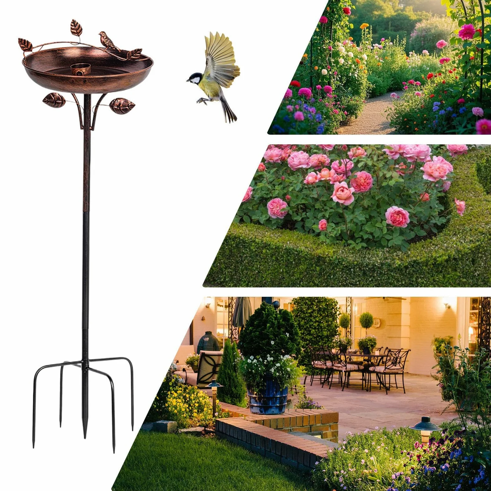 Baño Para Pájaros | Fuente Para Pájaros De Jardín De Metal Vintage De 41 Pulgadas De Alto | Bañera Con Clavija De Base De 5 Puntos | Ideal Para Jardín, Patio, Balcón, Parterre, Patio, Césped, Parque D