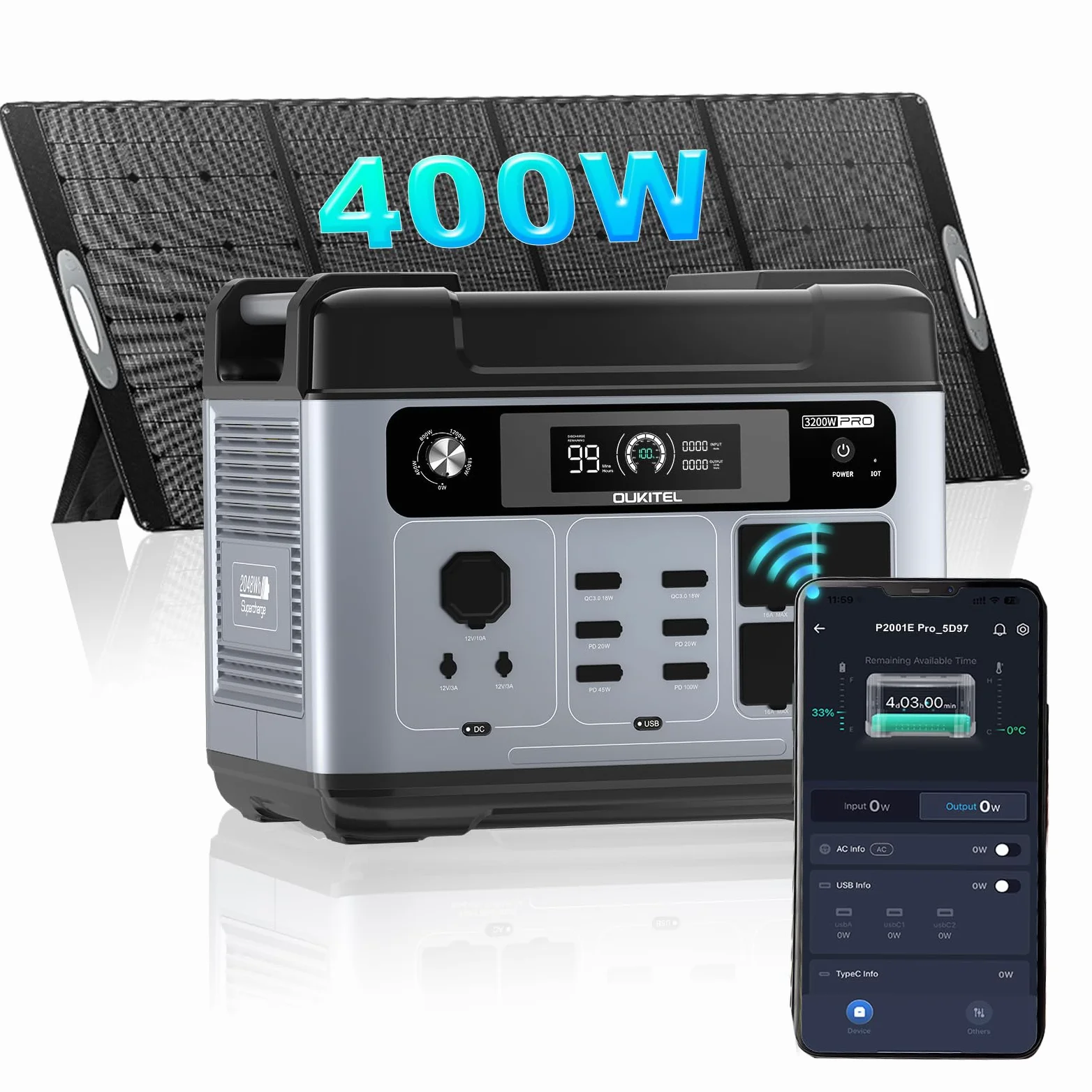 OUKITEL P2001 Pro Estación de Energía Portátil 2048Wh con 400W Solarpanel, Batería LiFePO4 de 4000 Ciclos CA, Carga Rápida, Potencia de Hasta 6400 W Generador Solar Silencioso Para Hogar, Acampada