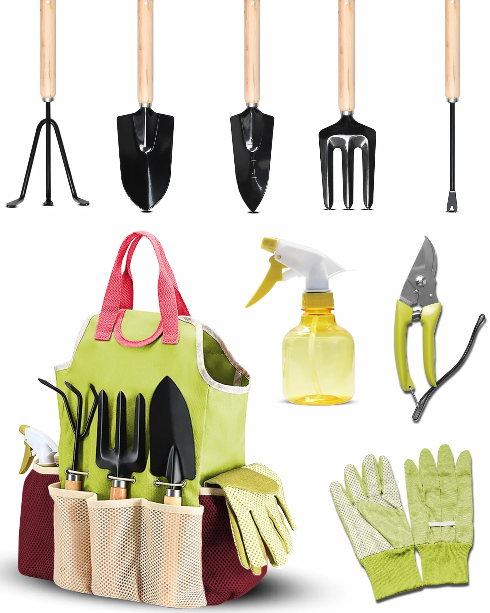 Juego de Herramientas para Jardín 9PC Kit Jardineria，Juego de Herramientas Jardinería de Acero Inoxidable，de Jardín, Tijeras Podar, Pala Jardinería, Guantes, Paleta y Rastrillo de Mano etc