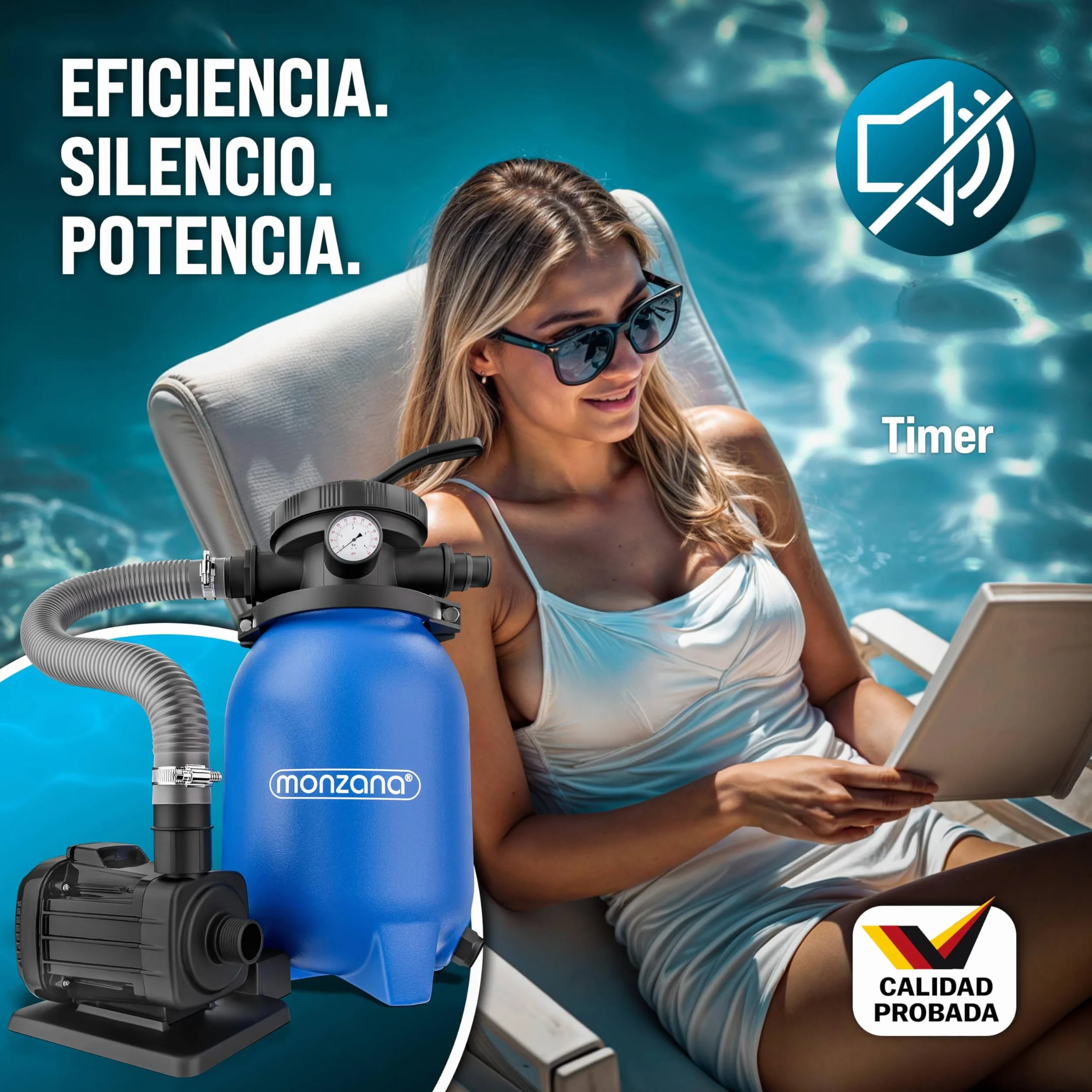 MONZANA® Depuradora Piscina 5000 L/h Filtro de Arena hasta 15.000 L con Bolas de Filtro Válvula 7 Funciones Filtrado Adaptador Ø32-38mm 180W Bomba Indicador de Presión