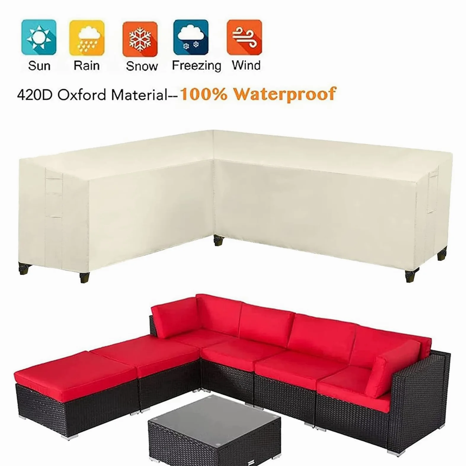 Fundas de sofá de jardín en Forma de L, Tela Oxford 420D, Impermeable Funda Sofa para Exterior, Funda para Muebles de Jardín, para Jardin Sofá Seccional (222x286x78cm,Blanco)