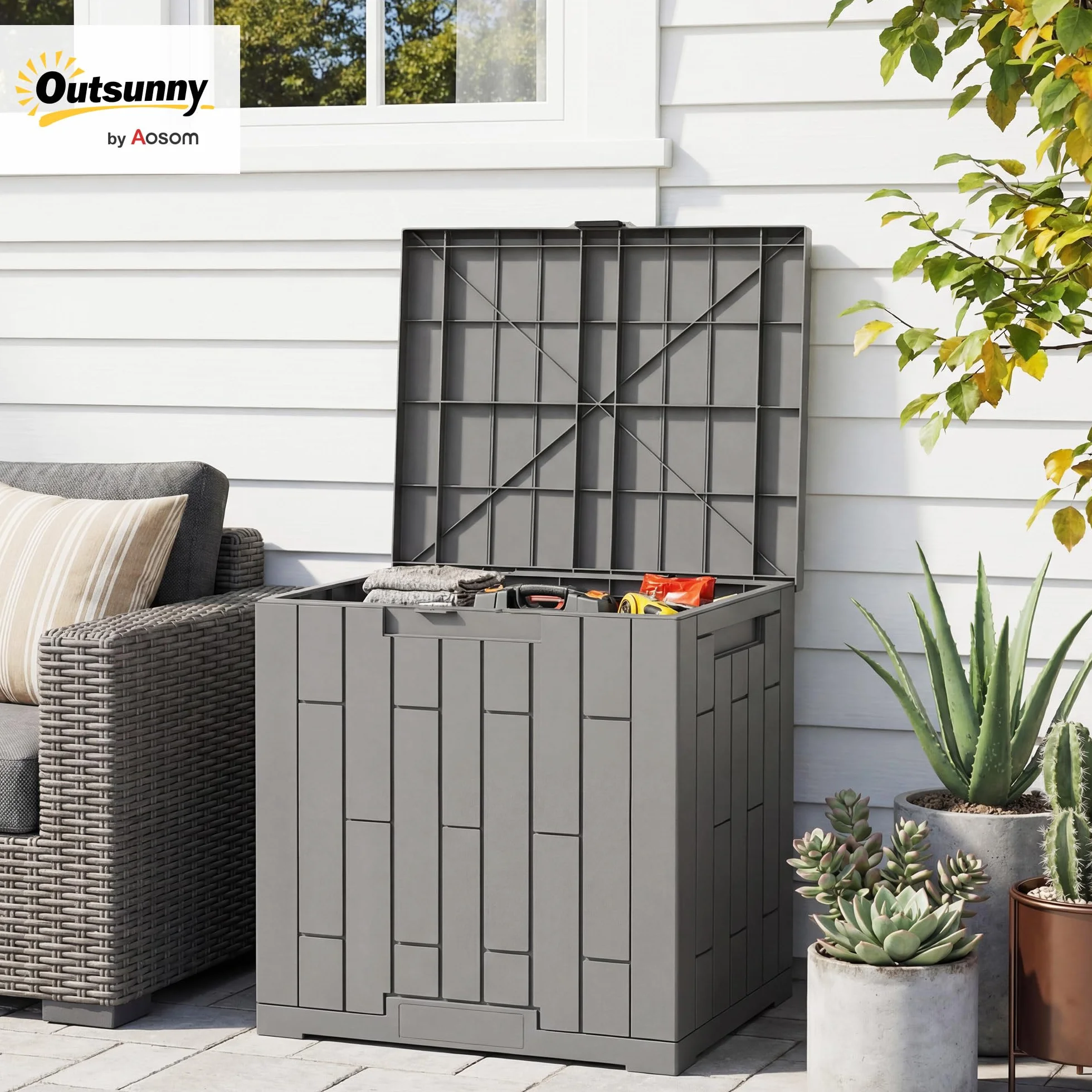 Outsunny Arcón Exterior Capacidad 114L, Baúl de Almacenaje Exterior de Resina Resistente al Agua y a los Rayos UV, con Cerradura para Jardín, Terraza, Patio, 56x44x54 cm, Gris