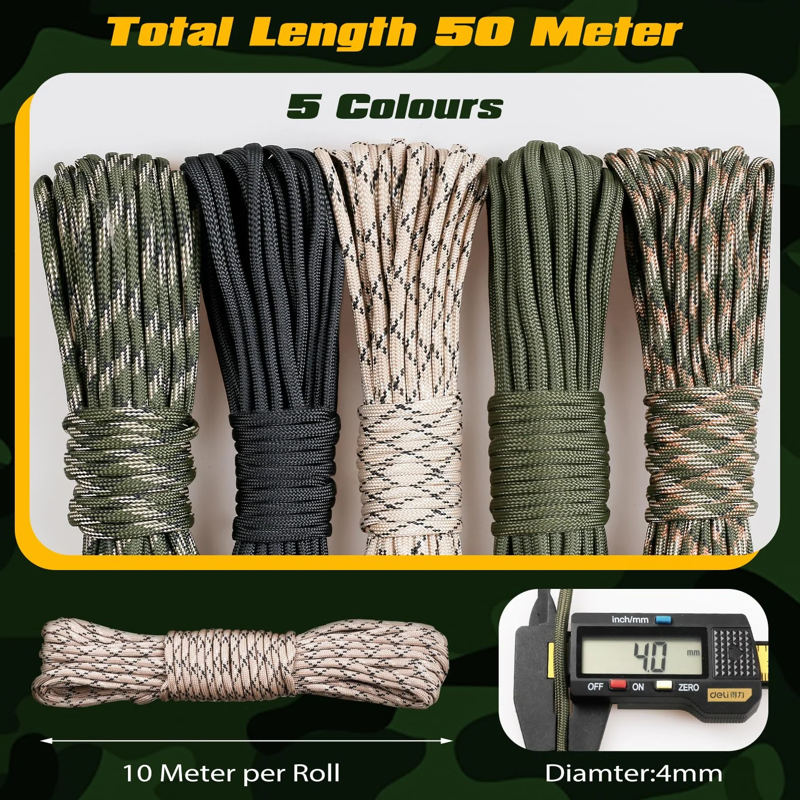 VABNEER Paracord 550 4mm 7 Hilos 33ft/10m 250 kg