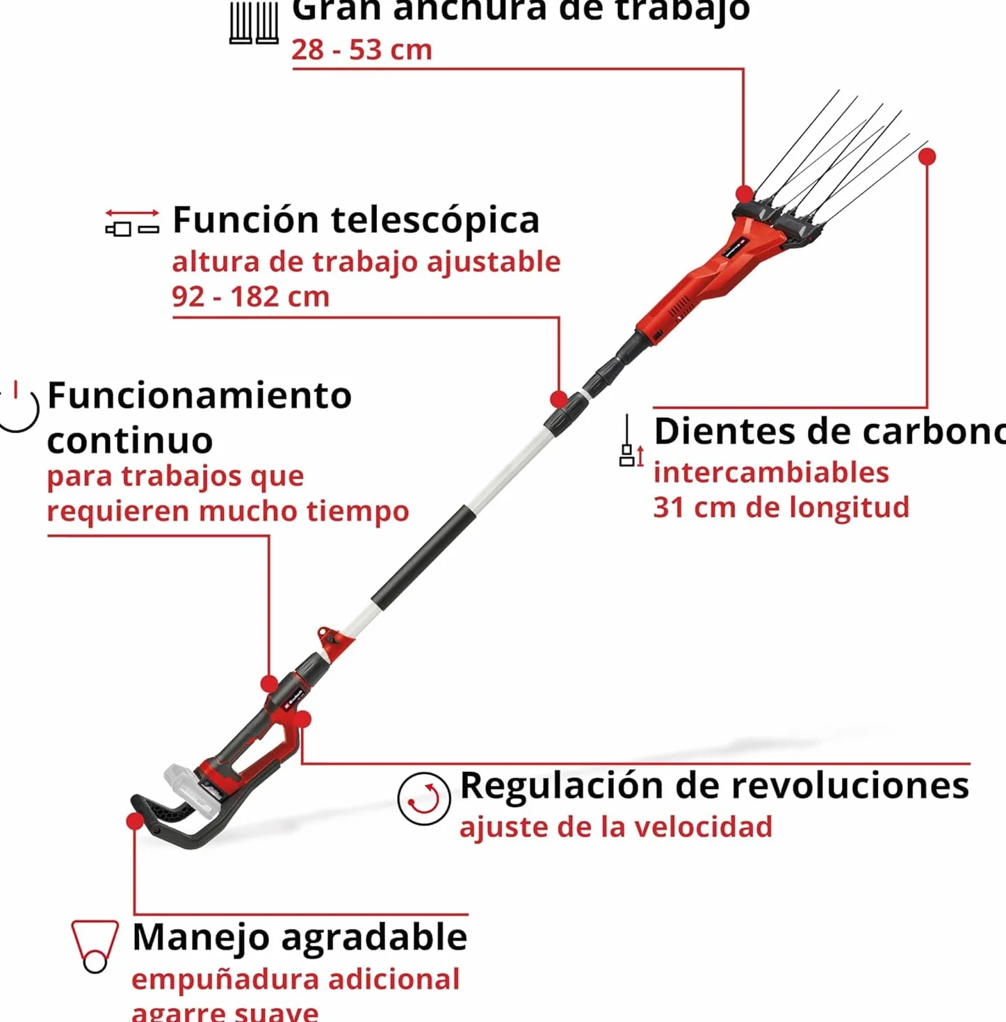 Einhell Vareador de aceitunas con batería GE-FS 18/53 Li-Solo Power X-Change (18 V, 53 cm de anchura de trabajo, 310 cm de longitud total, telescópico, dientes intercambiables, sin batería)