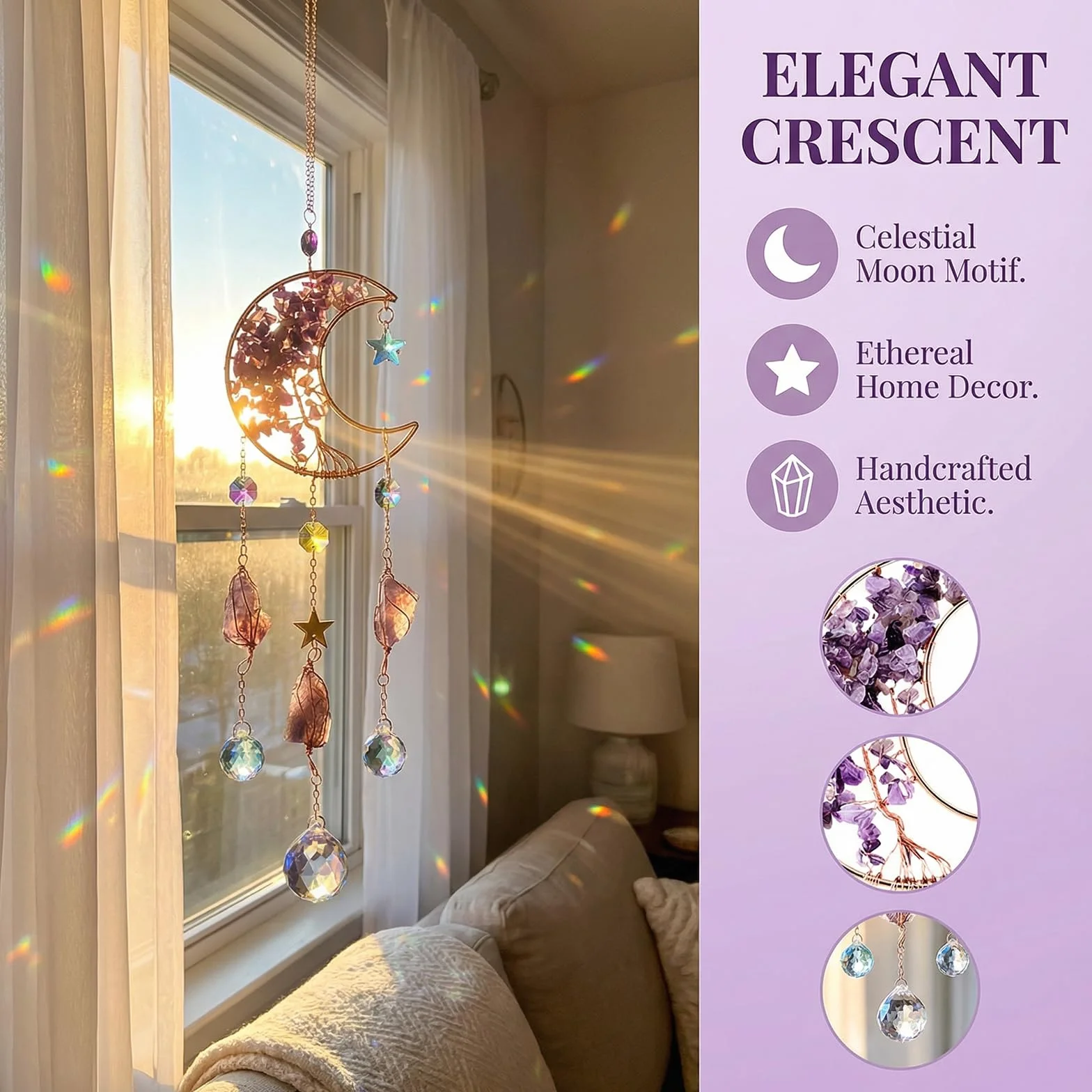 Atrapasoles Cristal Colgante 40cm, Luna y Estrella, Bola de Cristal, Cristales para Colgar, Campana de Viento para Casa Jardín Oficina Ventanas Campanas Coche Fiesta Boda Decoración, Regalos Mujeres
