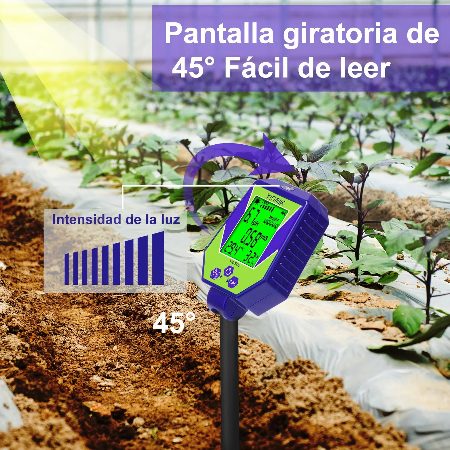 YINMIK Medidor de pH del suelo 6 en 1, medidor inteligente de humedad, conductividad y salinidad, y analizador de calidad del agua. Kit de prueba de pH del suelo ideal para jardines, granjas y bonsáis
