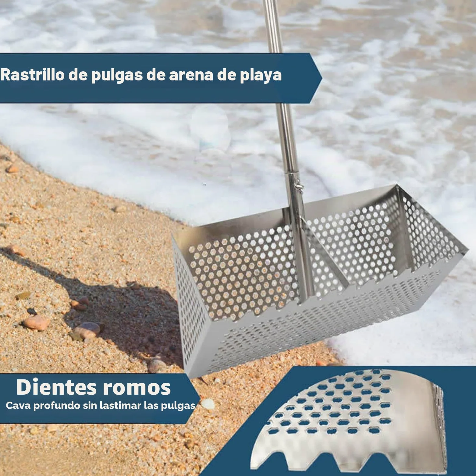 Rasca de arena, pala de arena de playa de acero al carbono con cesta trapezoidal ancha, pala de arena para detector de metales, con mango largo desmontable plegable de 40 cm, dientes afilados, tamiz