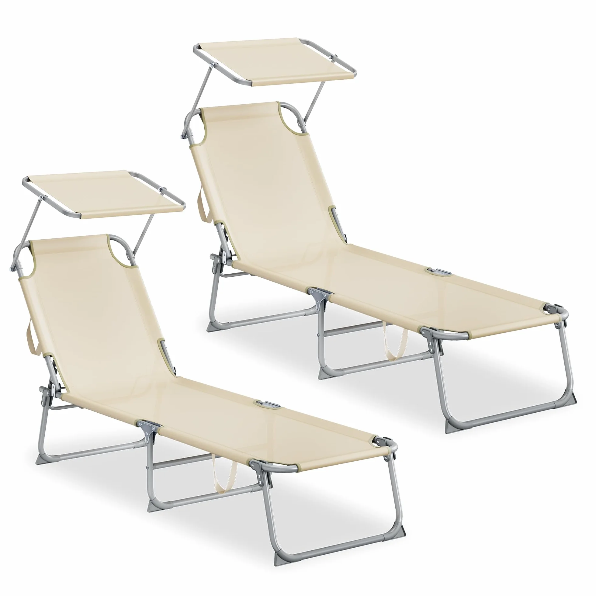 SONGMICS Tumbonas Plegables, 189 x 53 x 28,5 cm, Juego de 2 Tumbonas para Jardín, Cada Una con Carga 110 kg, con Parasol y Respaldo Ajustables, para Terraza y Balcón, Beige GCB294WZ02