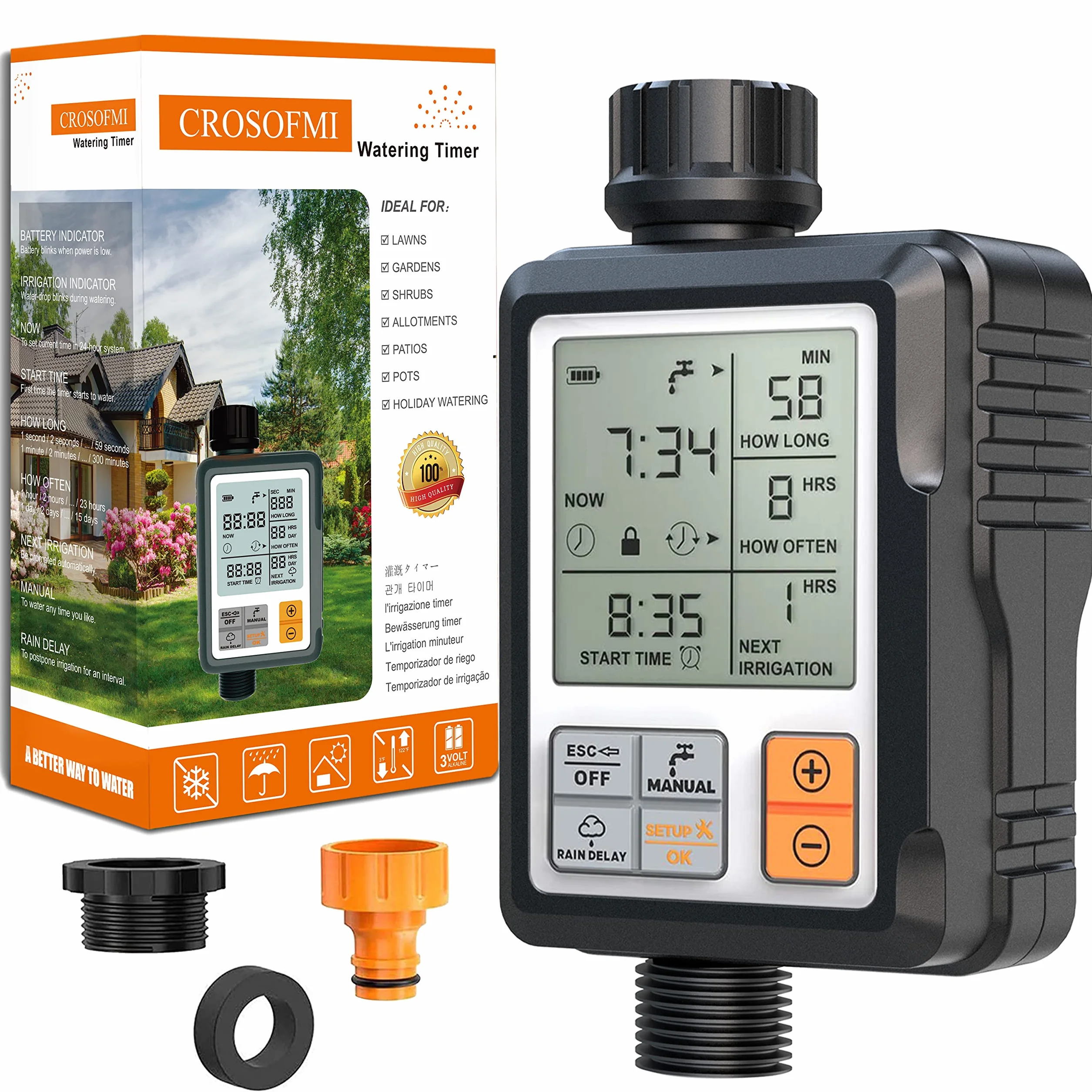 CROSOFMI Programador Riego Jardin Temporizador de Riego Automatico Control Pantalla Grande de 3 Pulgadas Naranja