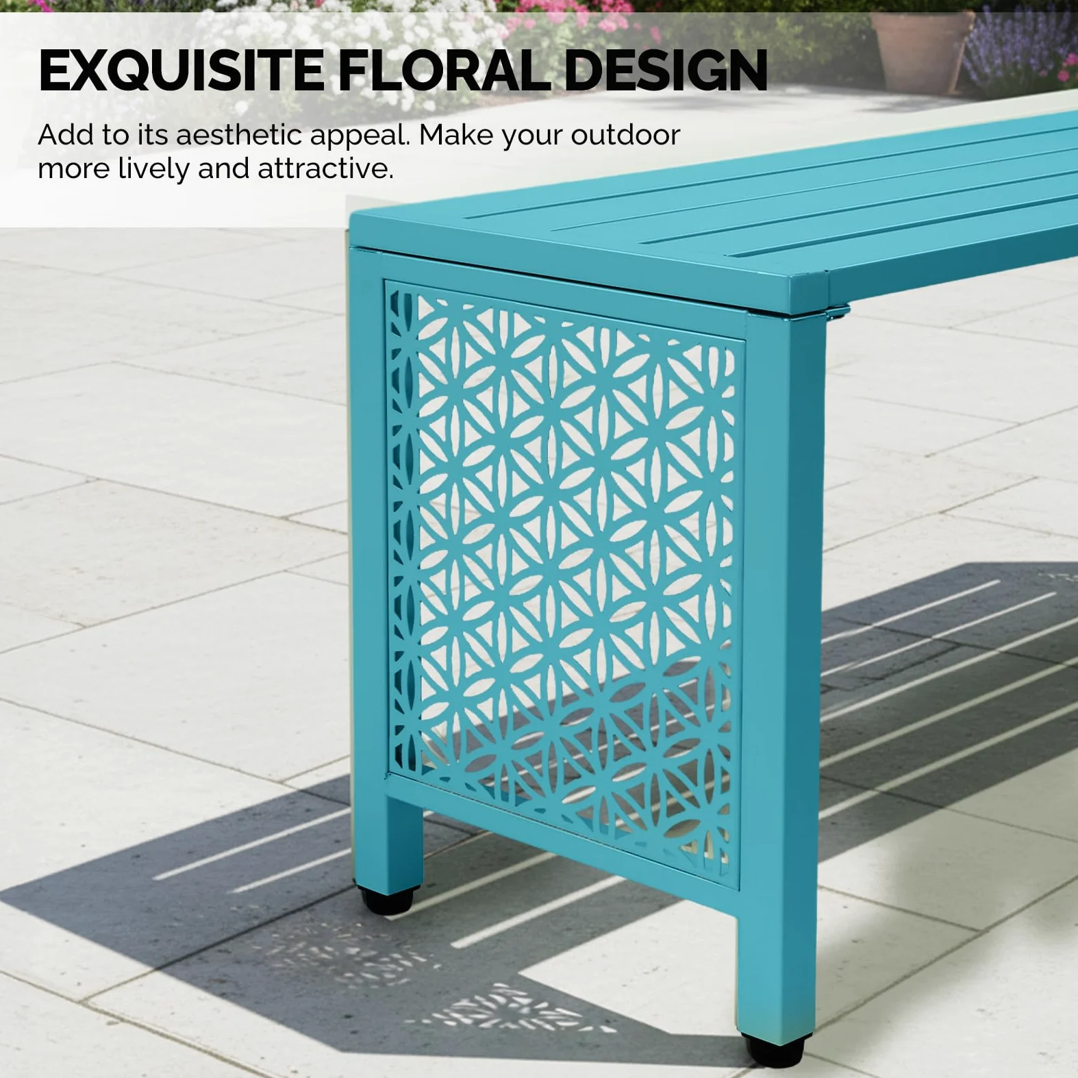 Bonnlo Banco de Jardín Exterior Metálico 2 Plazas 150 kg Diseño Flor Azul