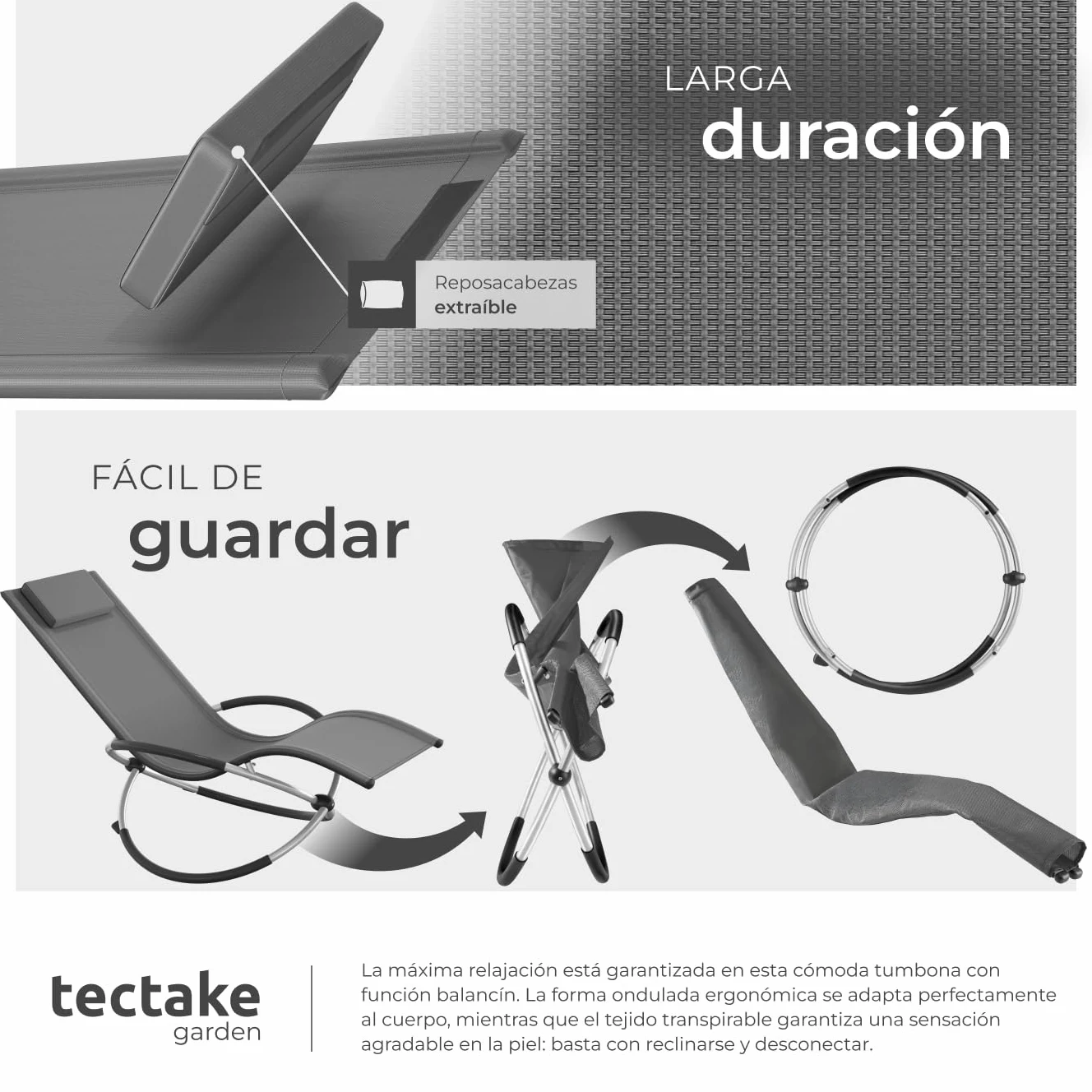 tectake® Tumbona Plegable con Función Balancín, Tumbona Playa Ergonómica, Tumbona Piscina en Acero y Textileno, Tumbona Jardín Exterior, Protección Antivuelco, Carga Máx. 150 kg, Fácil Montaje - Gris