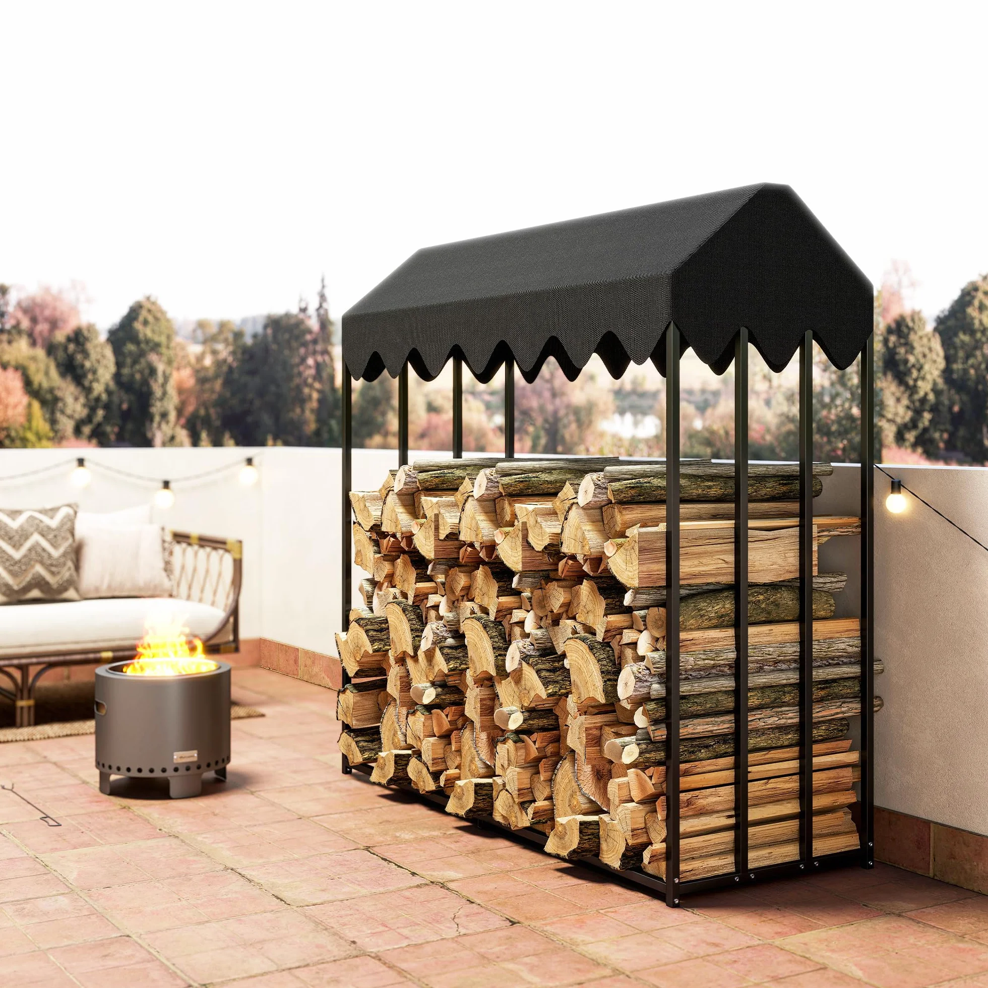 Outsunny Estante de Leña Metálico, 186x70x185 cm, Leñero Exterior con Cubierta Impermeable 600D Oxford, Marco de Acero, Soporte para Leña de Chimenea, para Jardín, Terraza