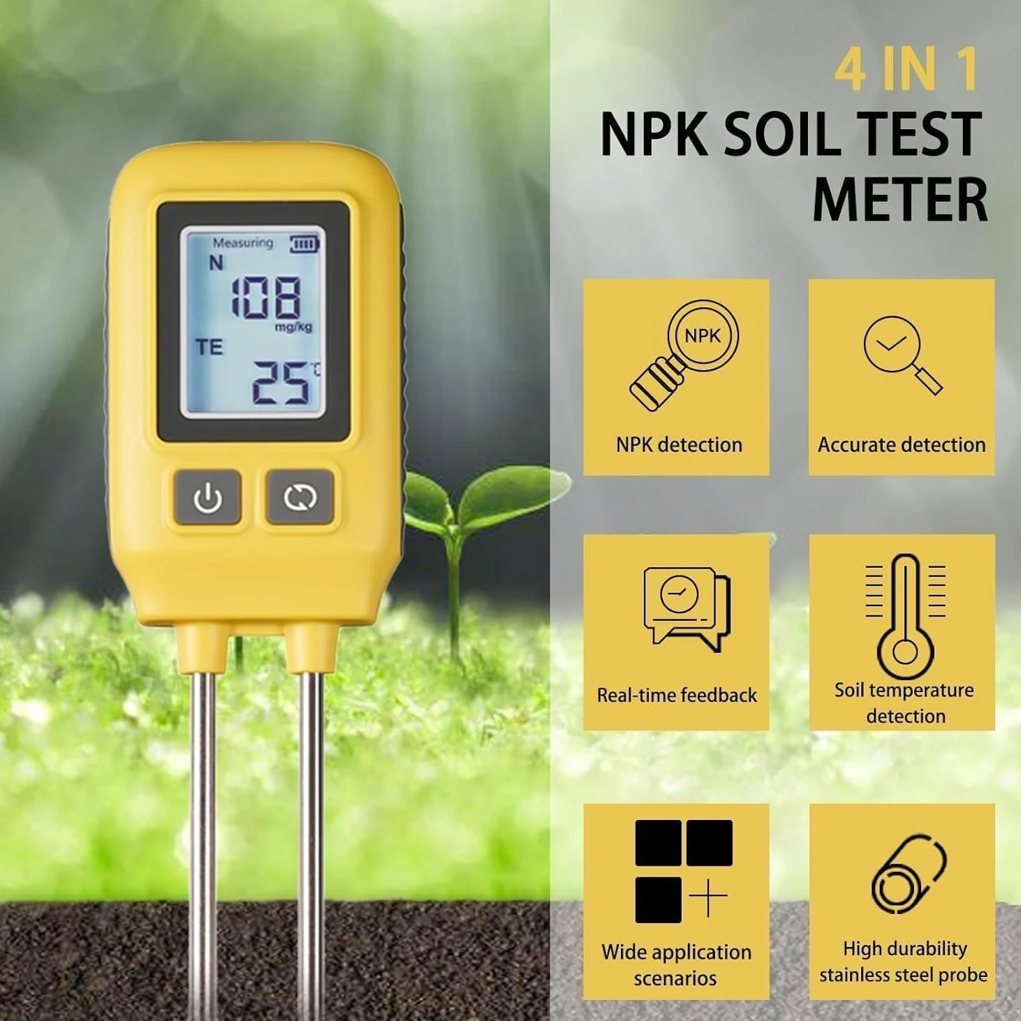 Analizador de suelo NPK 4 en 1, mide nitrógeno, fósforo, potasio y temperatura con alta precisión. Medidor digital de fertilidad del suelo con pantalla LCD, ideal for jardinería
