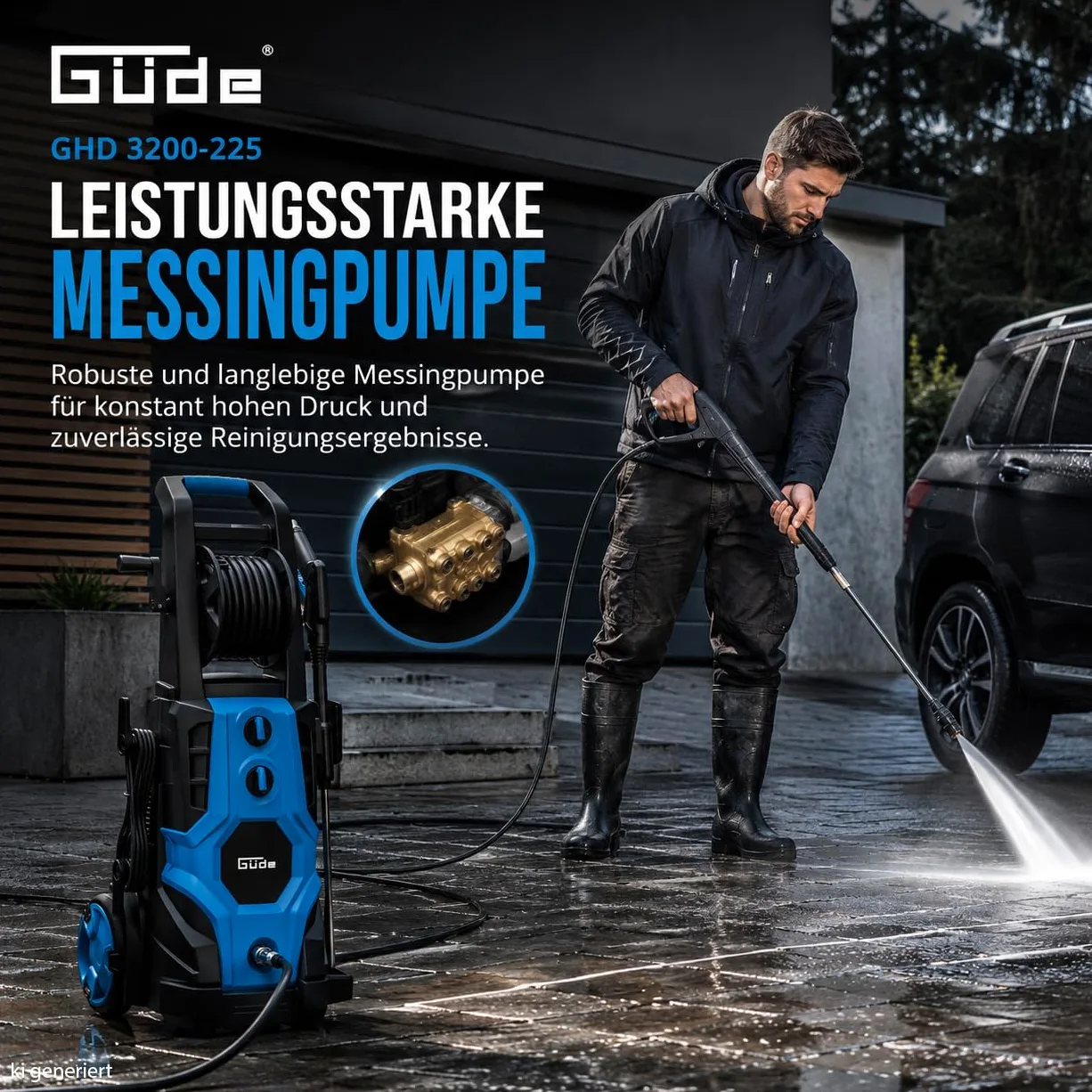 Güde Lavadora de Alta presión GHD 3200-225 (230 V, 3200 W, 225 Bar máx. presión, 540 l/h máx. de elevación., Manguera y Tambor HD de 6 m, Pistola HD con 4 boquillas, ensuciador, Cepillo Triangular y