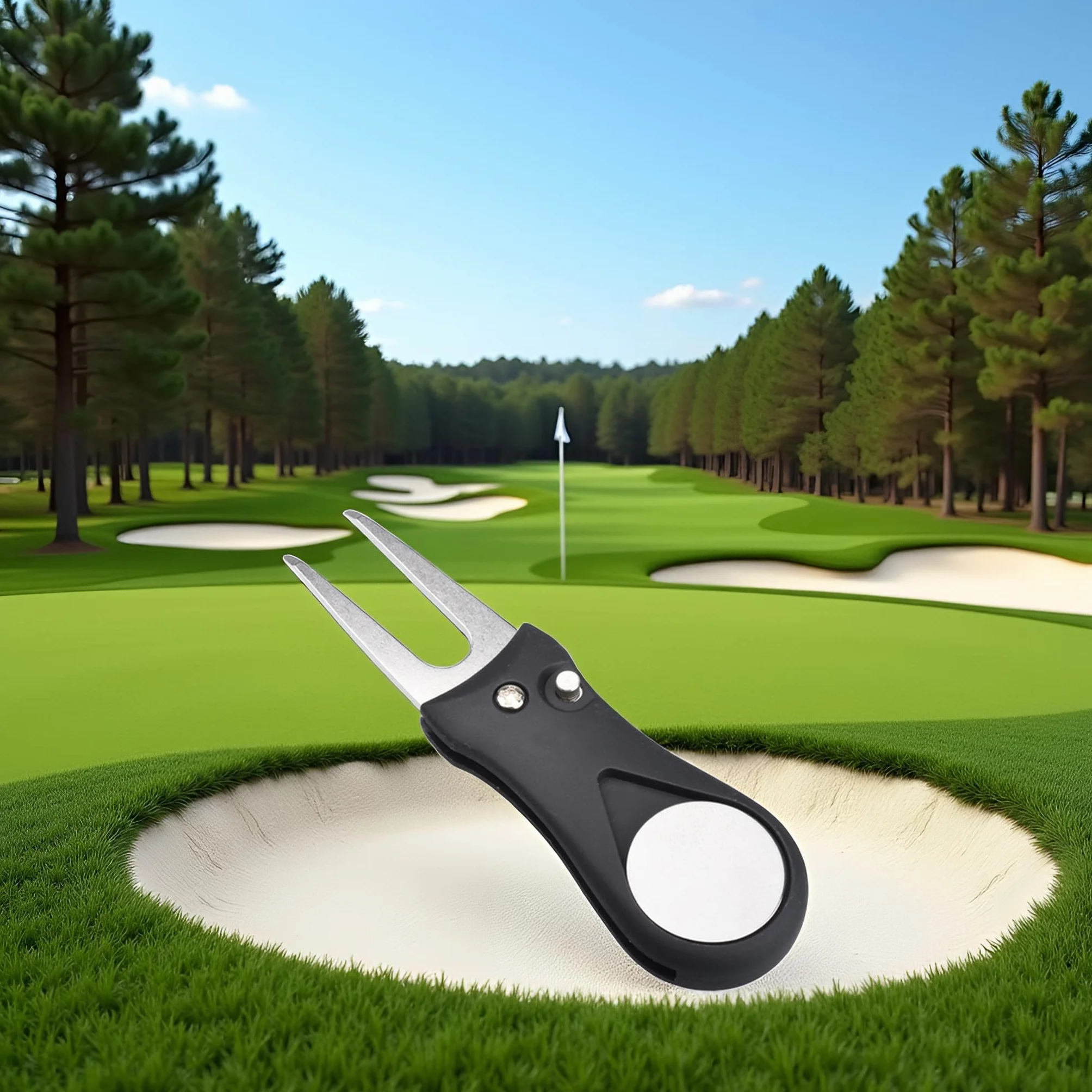 Herramienta de reparación de golf de acero inoxidable plegable con marcador de pelota desmontable