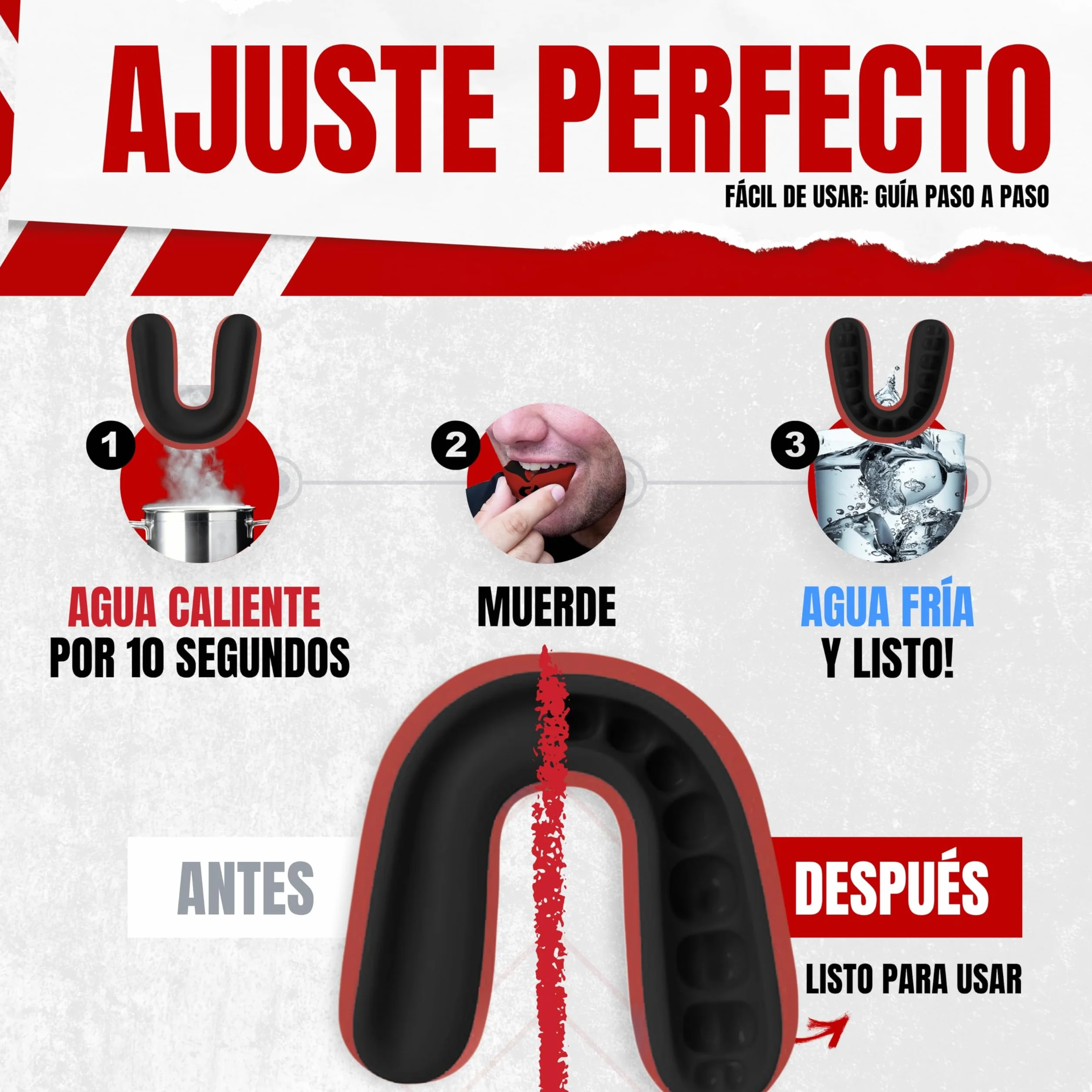 Protector Bucal Rugby Dual Gel Termo Moldeable Talla Adultos Niños Protección Dental Avanzada Rojo Negro Senior