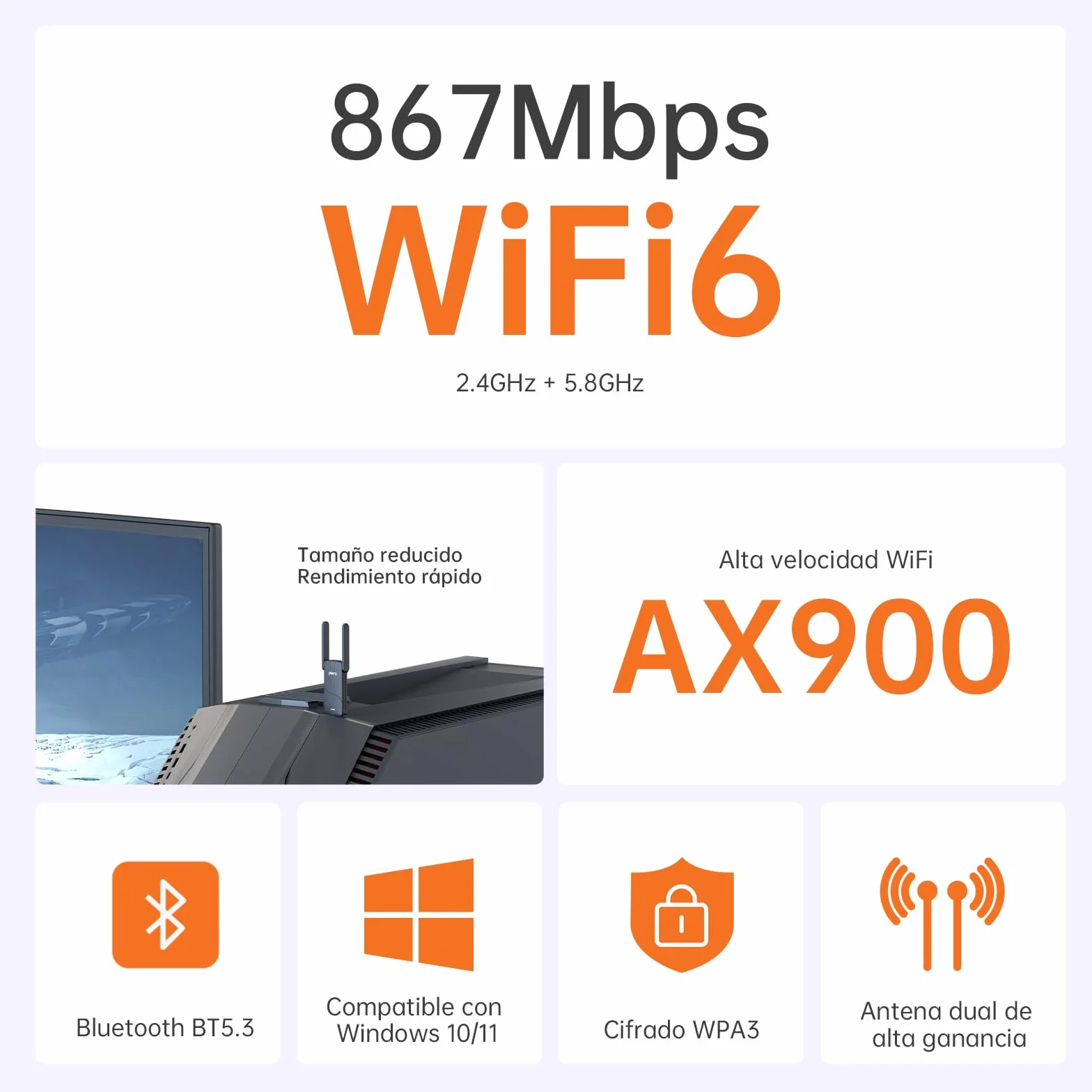 Adaptador WiFi 6 AX900 Bluetooth 5.4 USB Doble Banda 5 GHz/2,4 GHz para PC