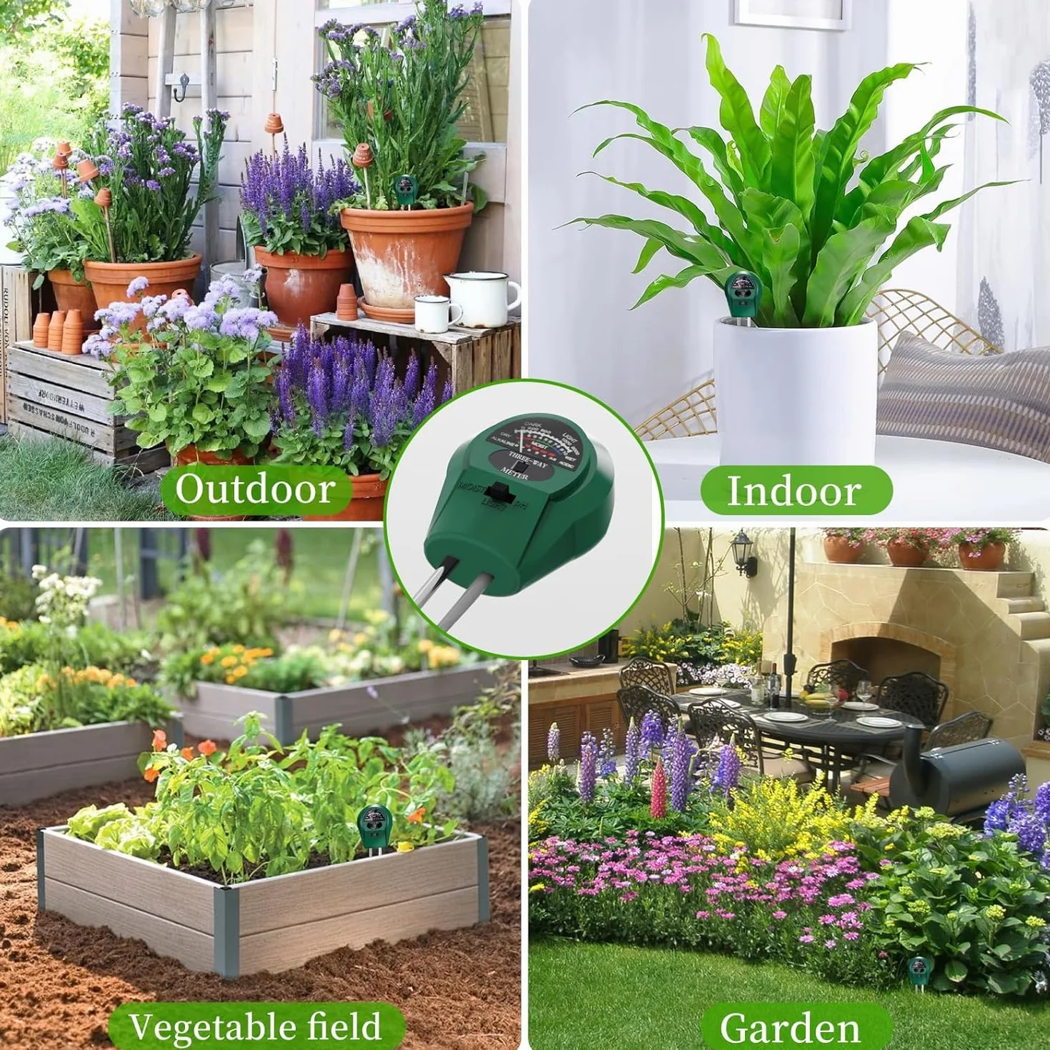 3 en 1 Medidor Humedad Plantas, Medidor PH Tierra, Medidor de Humedad/Luz/PH del Suelo, Medidor de PH de Suelo, Doble Sonda Higrómetro de Suelo, para Plantas de Interior&Exterior,No Necesita Pilas