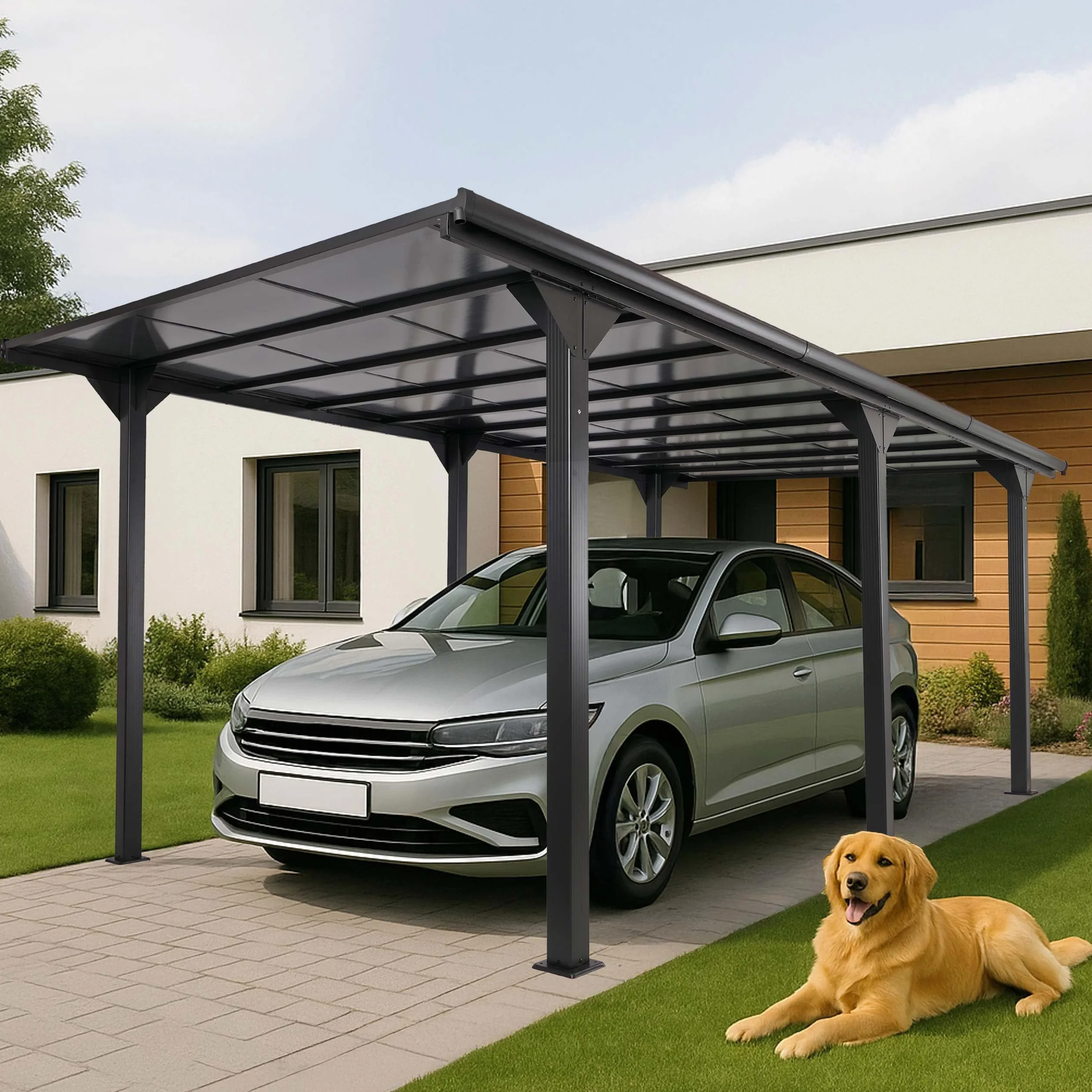Alcoberta independiente Mendler HWC-O23, refugio para coche y garaje, estructura de 10 cm con techo de policarbonato y canaleta de lluvia, 3x6m - antracita