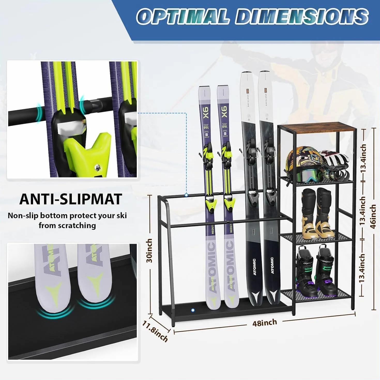 Soporte para esquís de acero resistente, organizador de almacenamiento para garaje o sótano