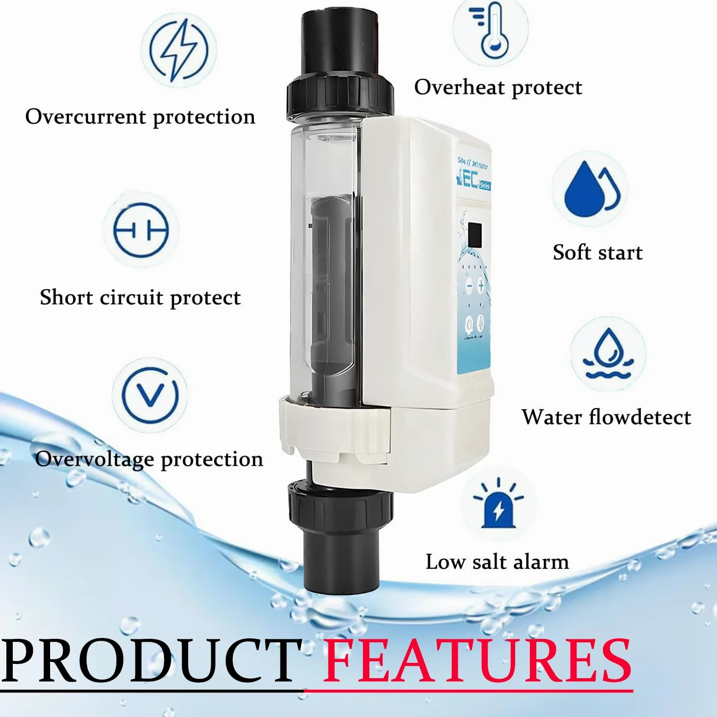 Clorador de Sal para Piscinas, Dispositivo automático de cloración de Agua Salada de 8/12/16/20 g/h. Reduce la irritación ajustando los Niveles de salinidad y Cloro del Agua. 12g