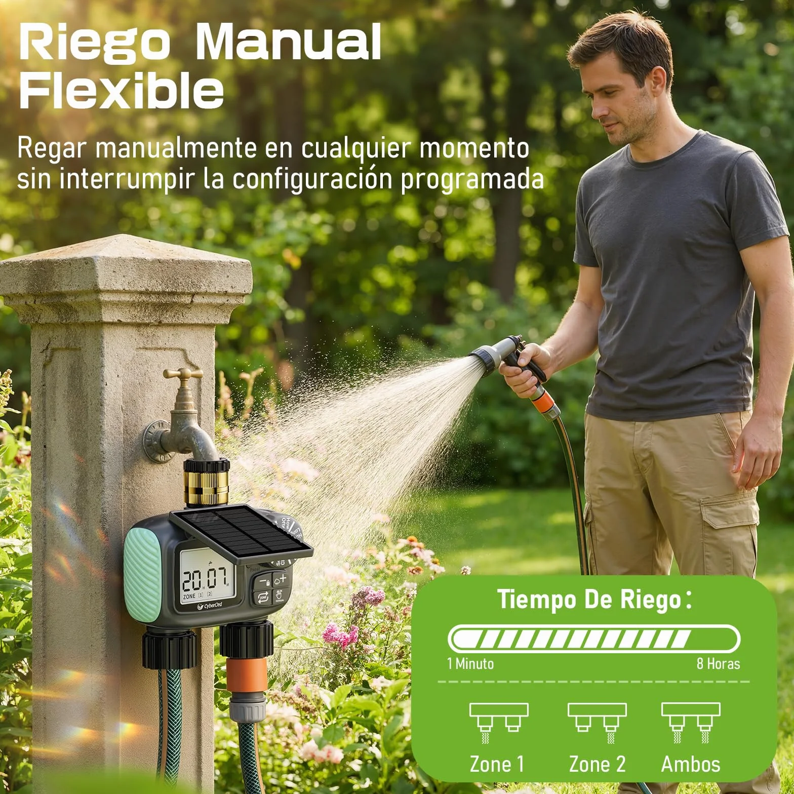 Programador de Riego Solar CyberOrd de 2 Zonas, Temporizador de Riego con Carga Solar, Sistema de Riego Automático con Modos Automático/Manual/Retraso por Lluvia para Césped/Ppatio/Jardín