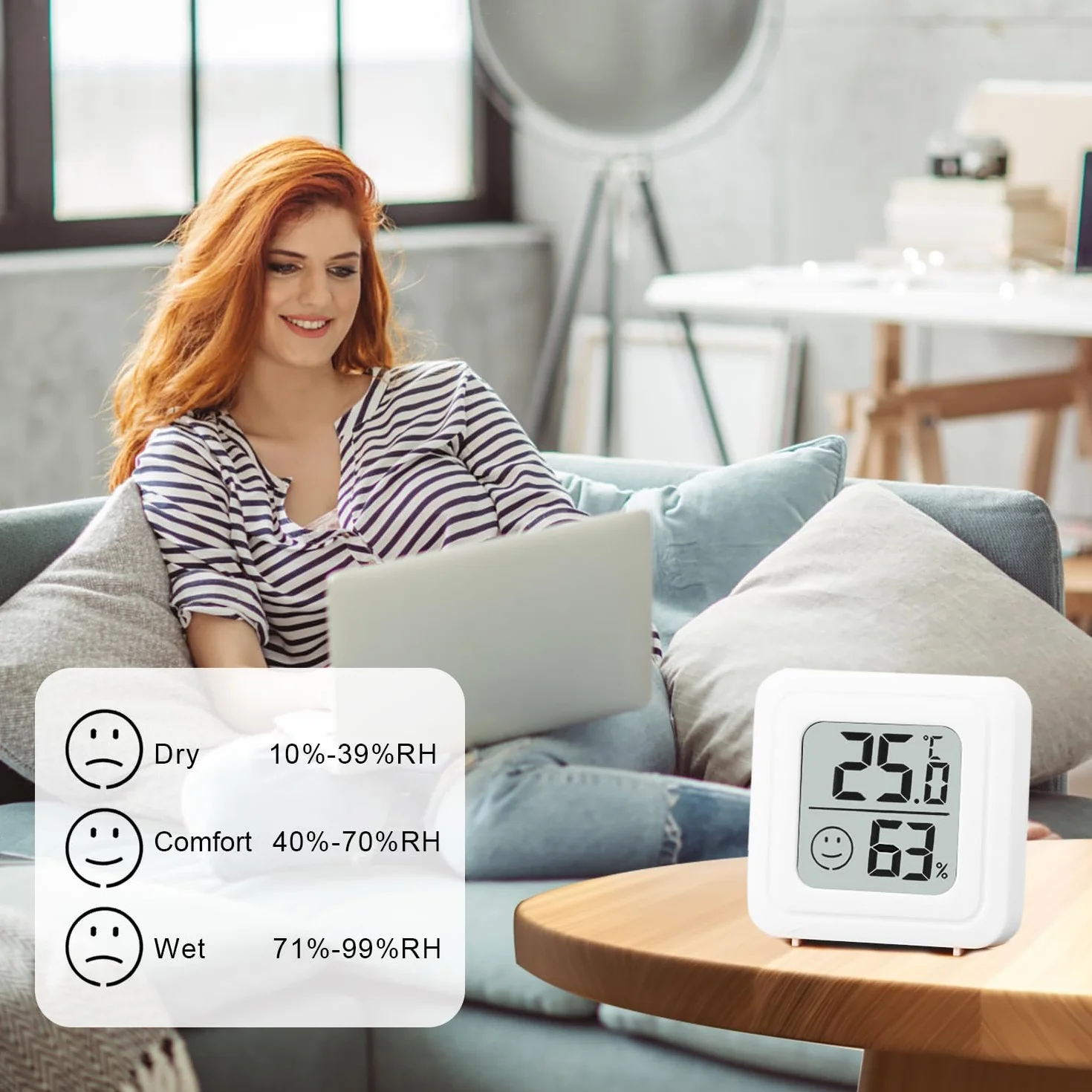 Mini Higrómetro Termómetro Interior 4 Pcs Higrometro Termómetro Digital Casa Pantalla LED con Logo de Confort para Termometro Ambiental para Hogar Oficina Dormitorio Jardín