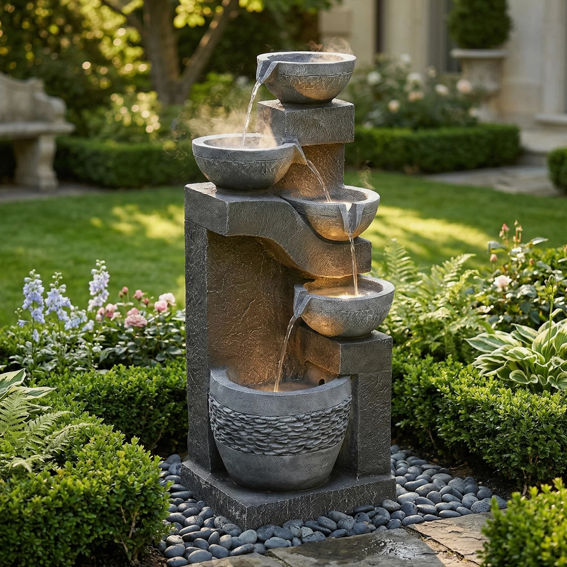 Fuente de Agua para Jardín con Iluminación LED, Cascada de 5 Niveles, Gris