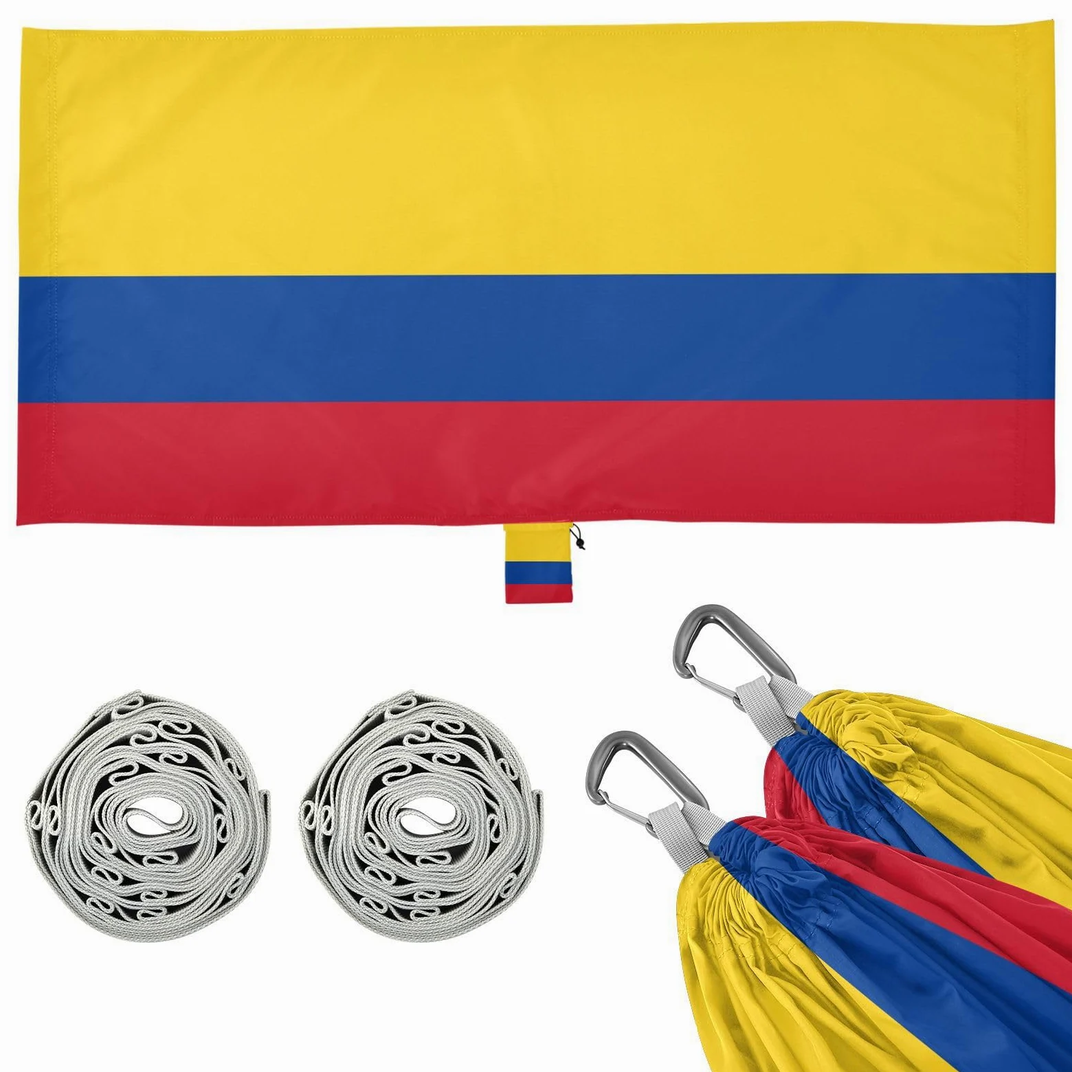 Hamaca de bandera nacional colombiana de Colombia, azul, rojo, amarillo, hamaca para exteriores con correas de árbol, hamaca de cuerda para patio interior y exterior
