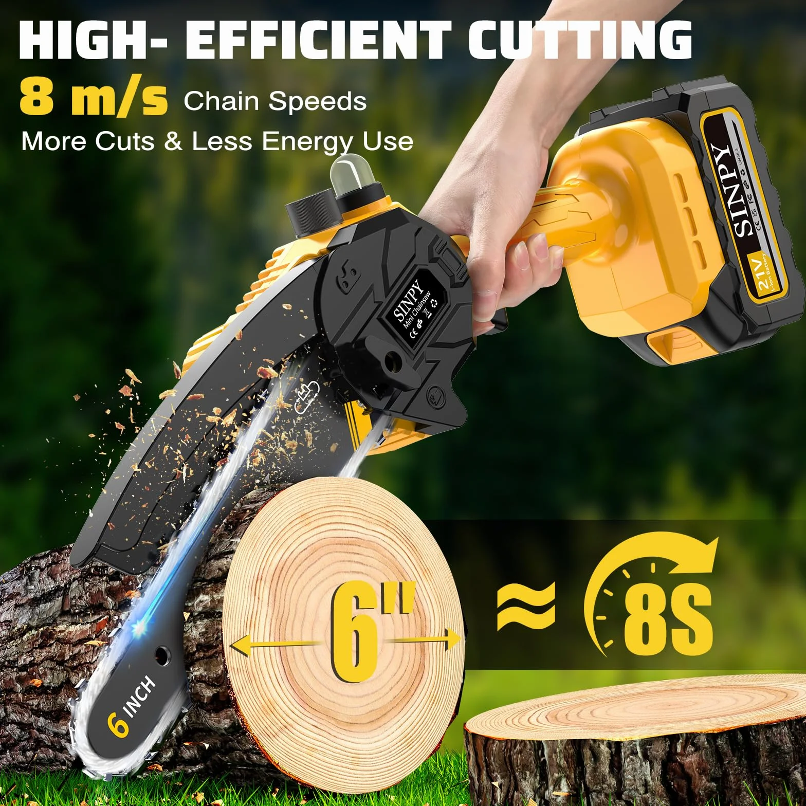 2x4000 mAh Mini Motosierra Bateria, 6 Pulgadas Motosierra Eléctrica Pequeña Sierra Electrica Podar Arboles Inalámbrica con Cadena de Acero al Manganeso de Mano y Engrasador Automático