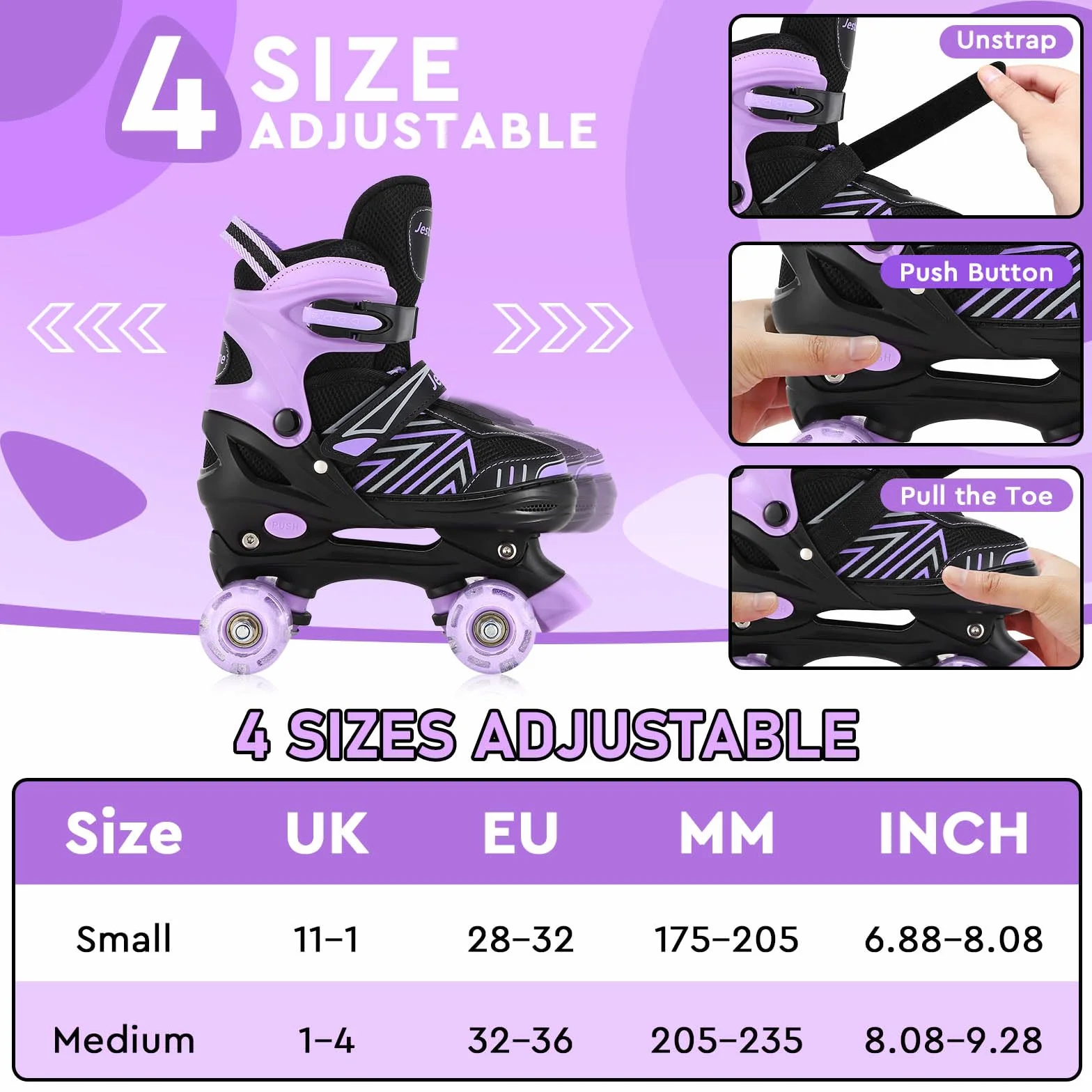 Patines Ajustables 4 Ruedas Niña con 8 Ruedas de Iluminación para Principiantes