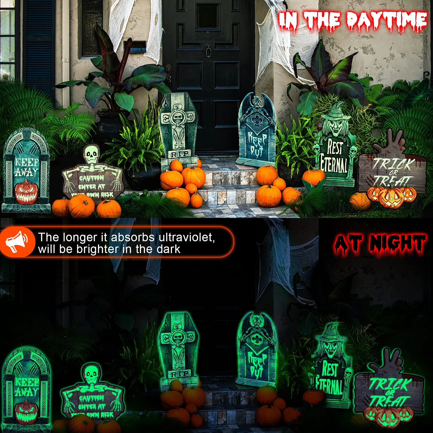 Juego de 6 Lápidas de Halloween Efecto Fluorescente -Decoración Horrorosa Interiores|Exteriores Lápidas de Cementerio Falsas de Halloween - Patio Trasero| Césped| Jardín| Casa Embrujada