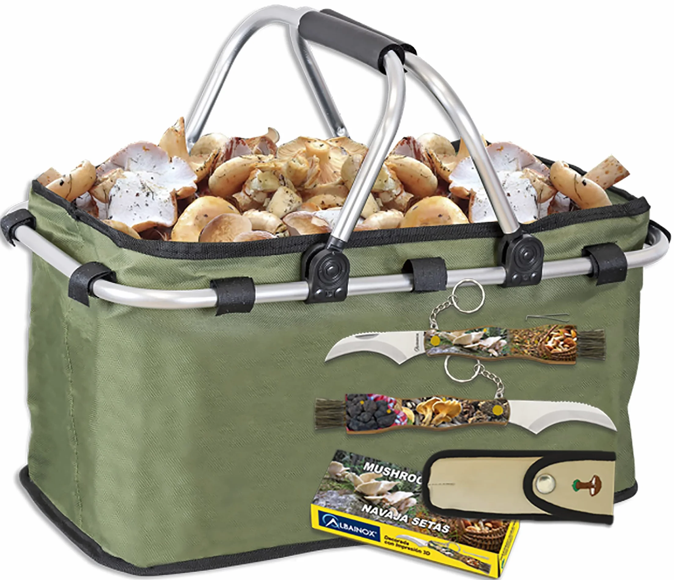 Tiendas LGP Albainox, Set Cesta Multiusos Plegable Especial para recolección de Setas y Frutas + Navaja Plegable Setera, Hoja de 7,2 cm.