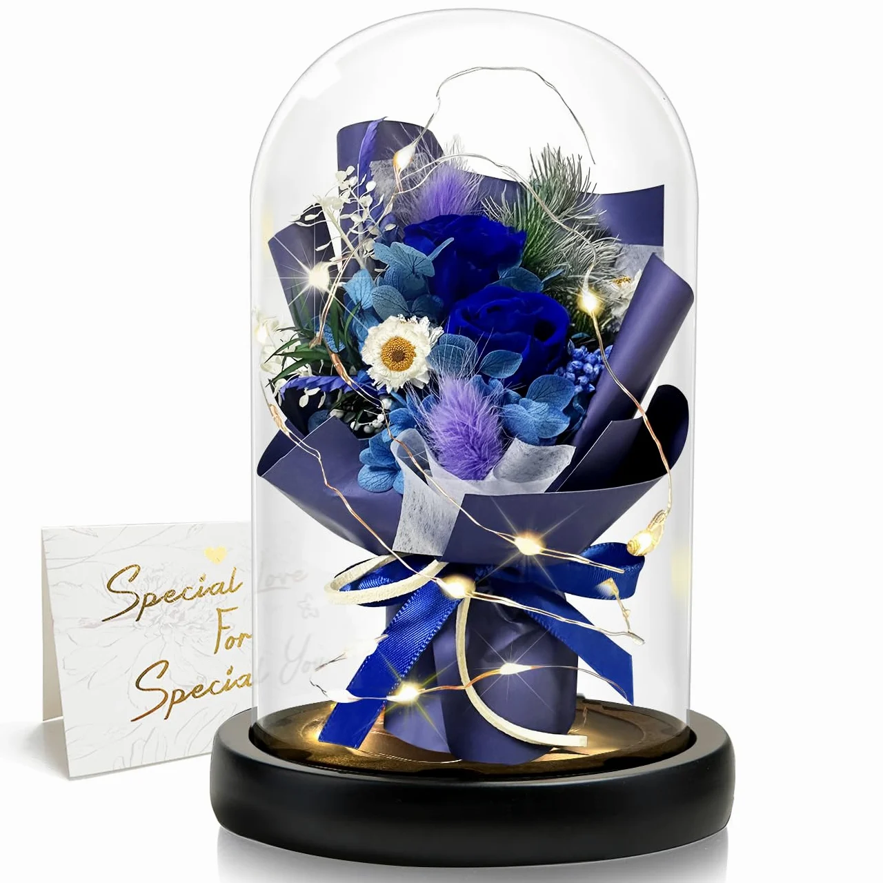 Regalo para mujeres, rosa eterna en cristal con LED, ramo de rosas azules, decoración para el hogar, flores reales duraderas para mamá, novia, esposa, abuela (azul)