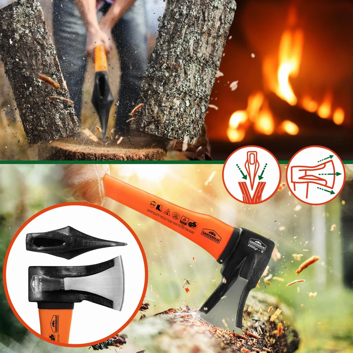 GARDEBRUK® Hachas para Leña de Mano Grande 88,5cm,Hacha Pequeña 42,5cm, Acero al Carbono, Universal, Ergonómicas, Herramientas Jardineria Troncos