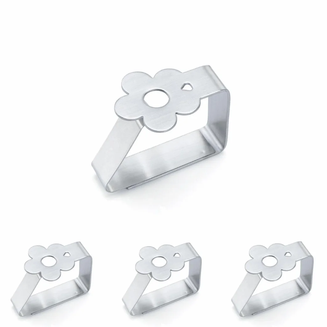 Pinzas para Mesa Exterior - Pack 4 - Clips Mesa de jardín Exterior - Sujeta manteles para Mesa de terraza - Agarra manteles - Acero Inoxidable - Accesorios Autocaravana (Flor)