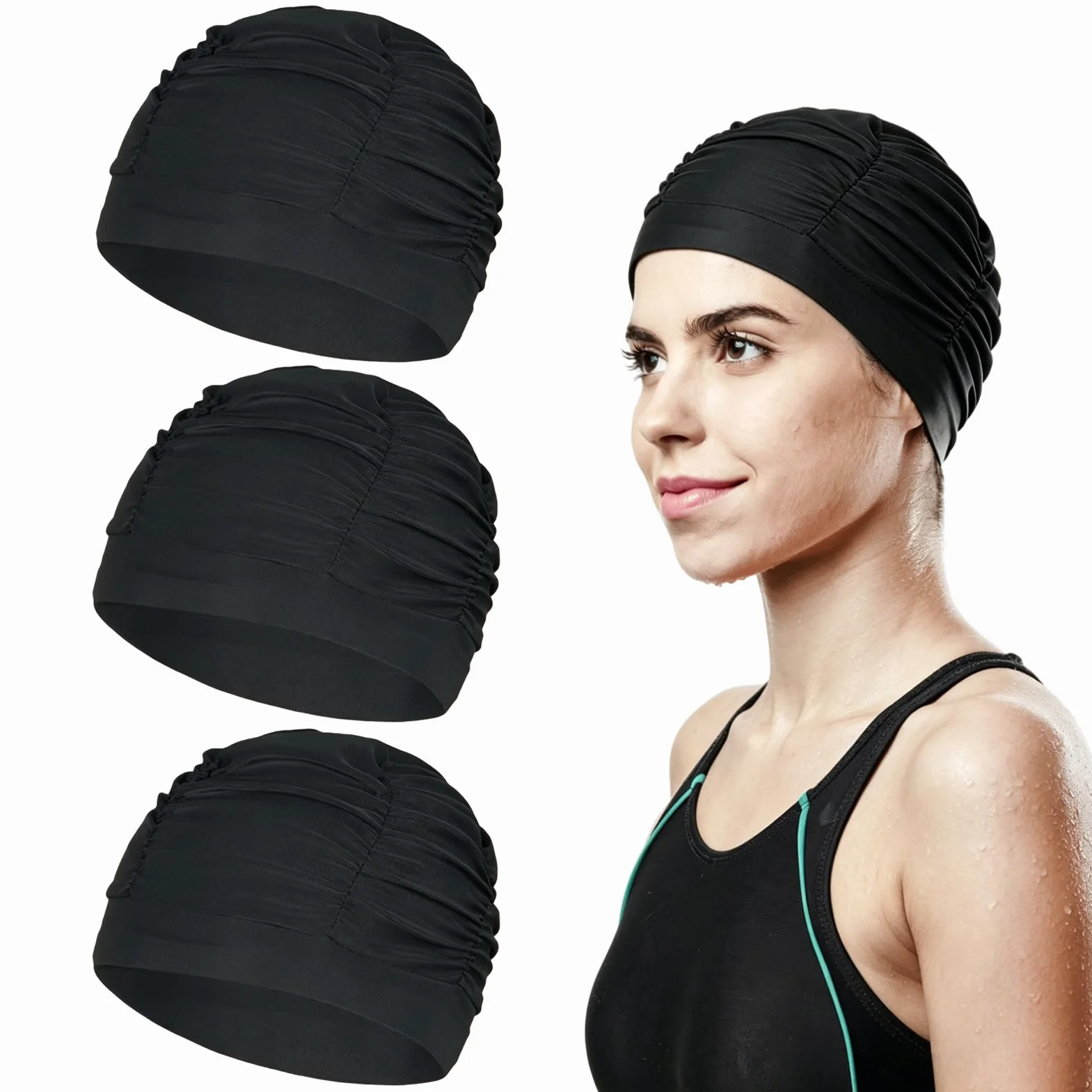 Gorros Piscina Mujer 3 Piezas 25x15mm de Tela Elástica Poliéster, Cómodo Gorro Natación Adulto para Cabello Largo, Playa, Deportes, Proteger Sol Negro