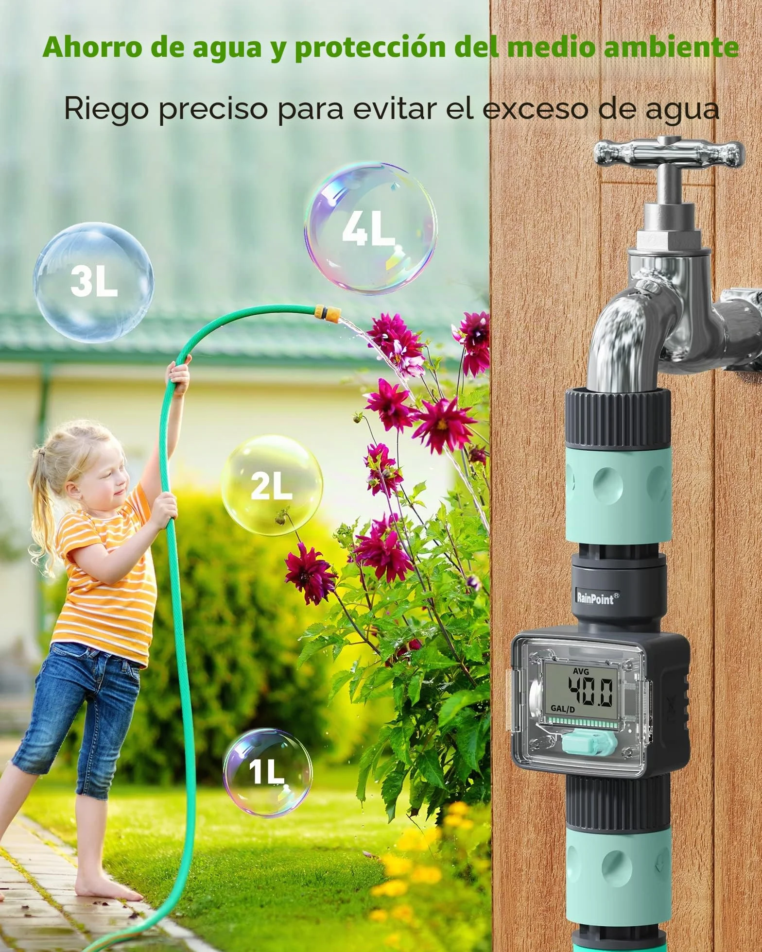 RAINPOINT Contador de Agua, Caudalimetro Agua Digital para Manguera de Jardín de 3/4 Pulgadas, 4 Modos para Controlar el Consumo de Agua, Impermeable IPX6