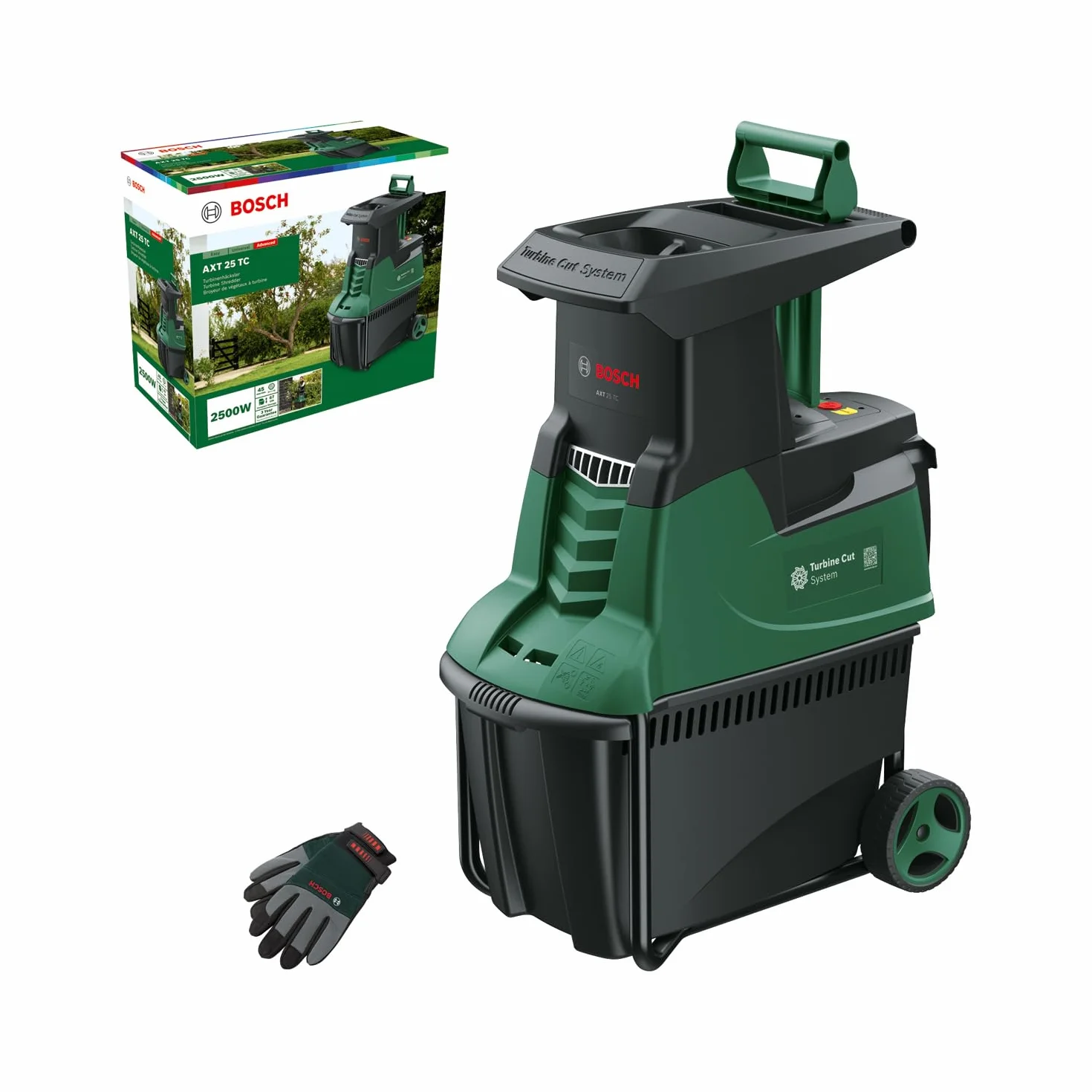 Bosch desmenuzadora de jardín con turbina AXT 25 TC (2500 W; apta para madera y residuos duros de jardín; incluye guantes de jardín; caja de recogida integrada de 53 L; en embalaje de cartón)