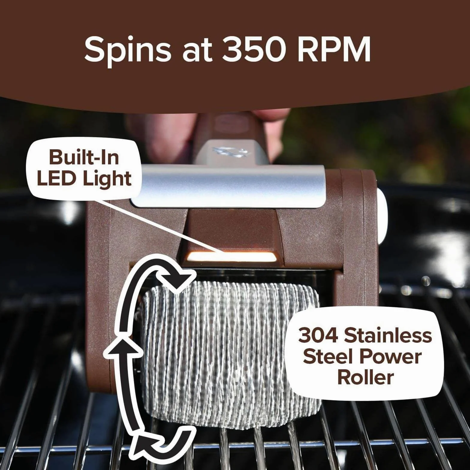 Cepillo eléctrico inalámbrico para parrilla con cabezal giratorio y luz LED, limpiador recargable para limpieza de parrilla de barbacoa, estufa de cocina, baño