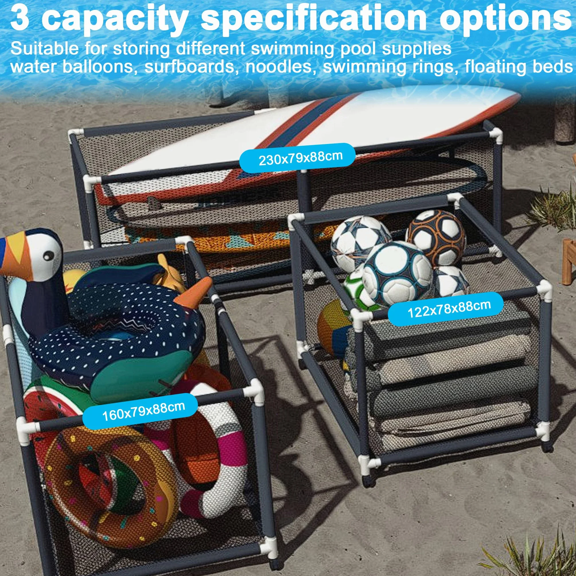 AufuN Caja de almacenamiento para piscinas, contenedores de almacenamiento de piscina, organizador de almacenamiento de flotador para fideos, juguetes, nadadores, toallas, organizador de red para