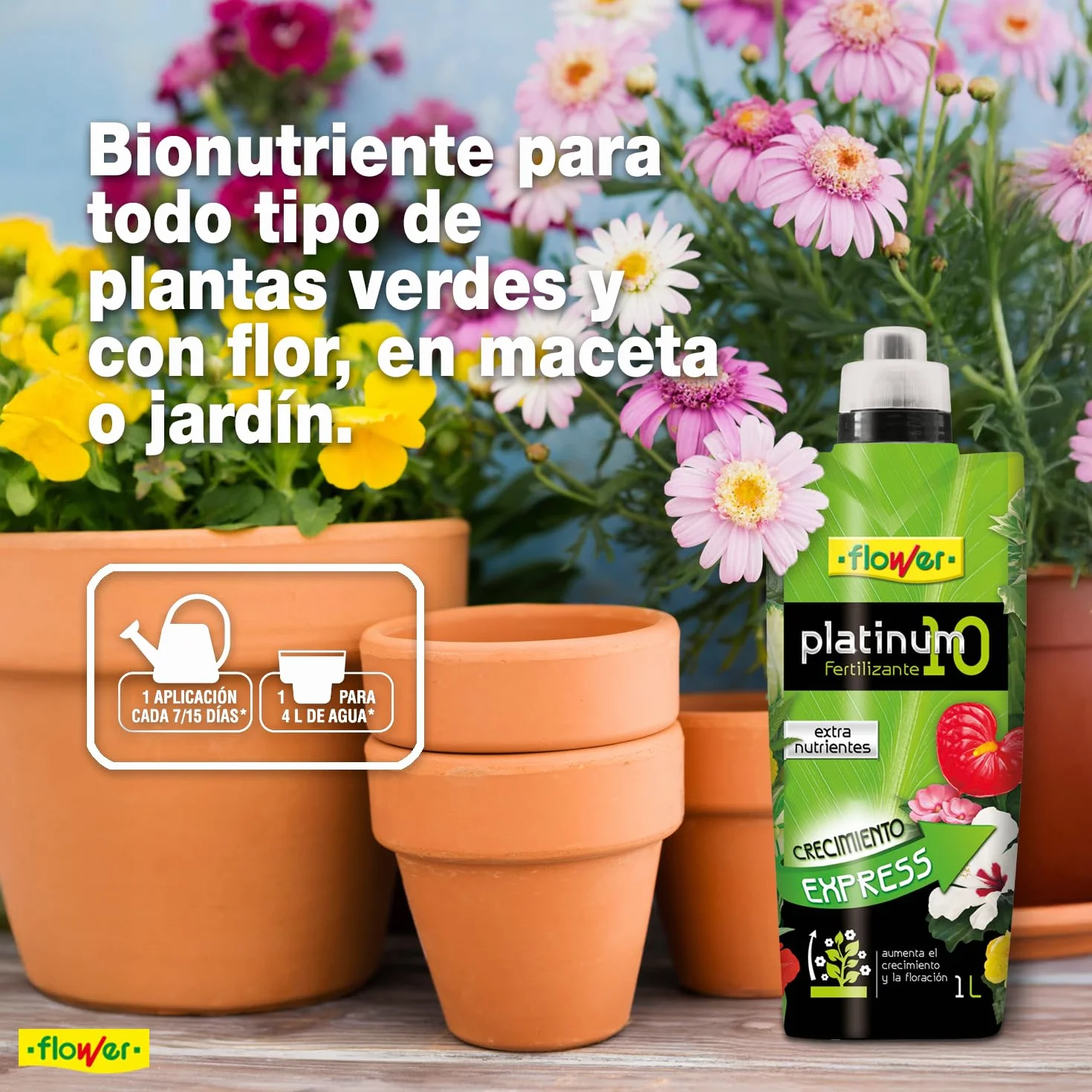 Flower - Fertilizante Líquido Platinum 10-1L | Bionutriente NPK 10-7-9 | Mejora Crecimiento y Desarrollo | Nutrición para Todo Tipo de Plantas | Crecimiento Express