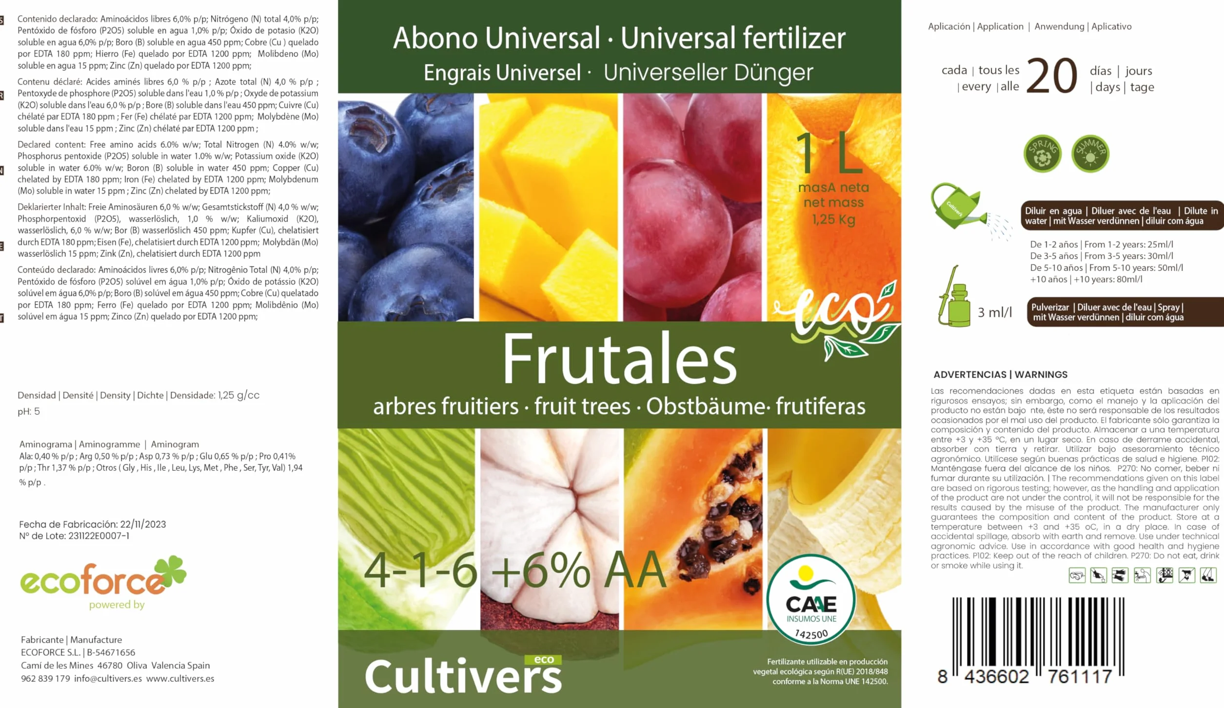 CULTIVERS Fertilizante Frutales Ecológico 10 L. Abono Líquido Intensifica el Sabor y Aumenta el tamaño. 100% Orgánico